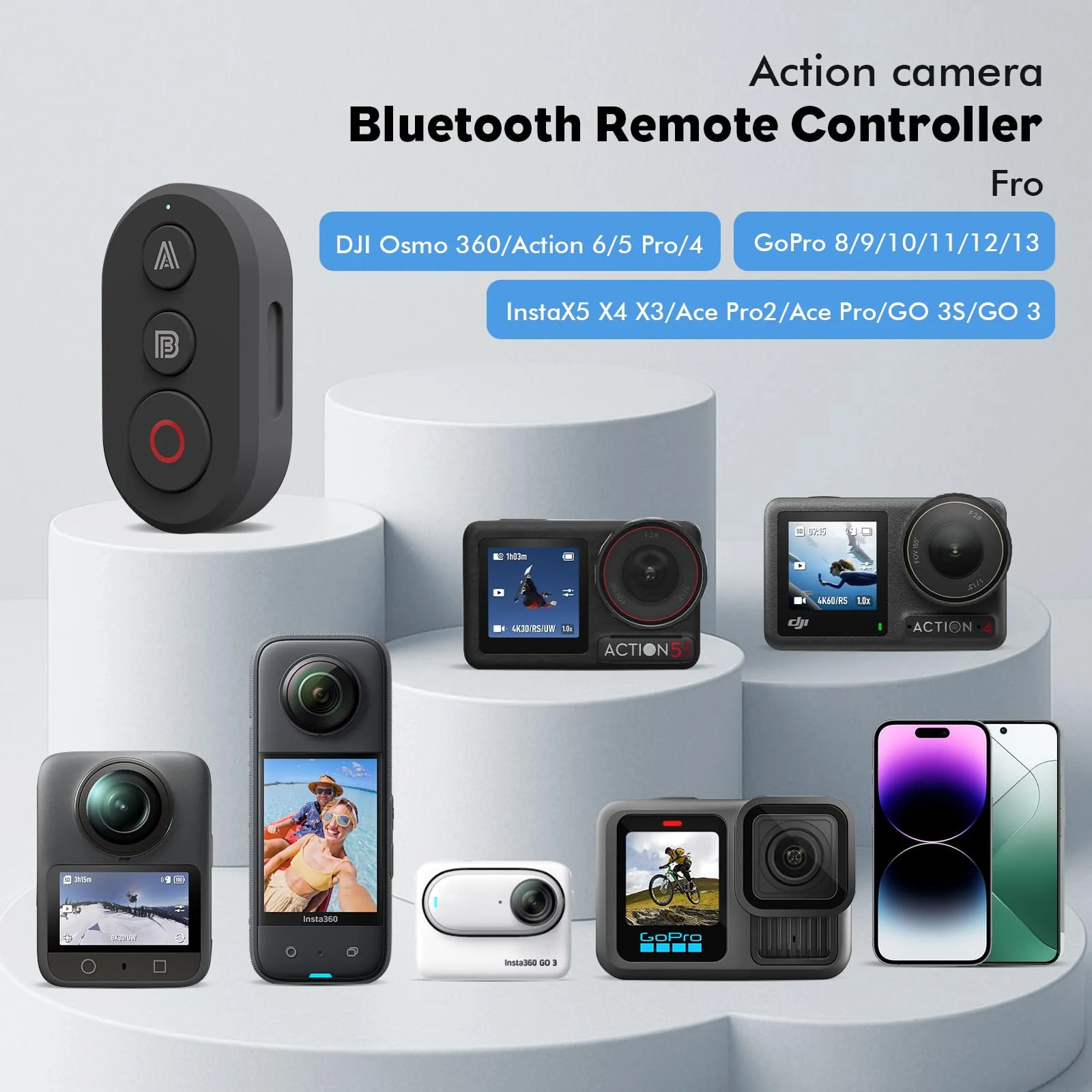YDW Bluetooth Remote Controller Compatible with DJI Osmo 360/Action 6/5 Pro/4,for Insta 360X5 X4 X3/Ace Pro2/Ace Pro/GO 3S/GO 3 Wireless Remote Controller,114FT Range Action Camera Accessories - Image 2