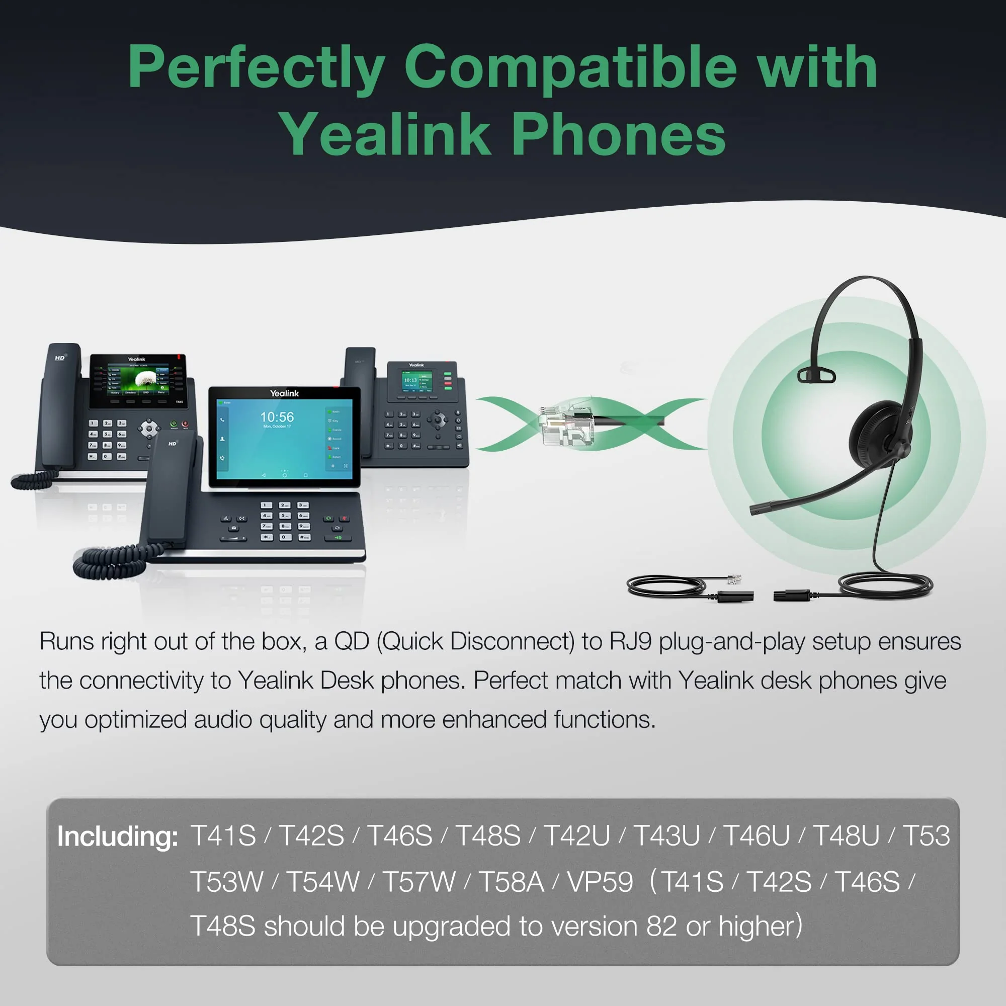 Yealink Phone Headsets for Office Phones YHS34 Lite QD to RJ9 Wired Headset Compatible with Poly Snom Grandstream Phones Desk Landline Headset with Microphone -Mono/68g/2.1m Cable Foamy Ear Cushions - Mono Compatible with Yealink|Poly|SNOM|Grandstream - Image 2