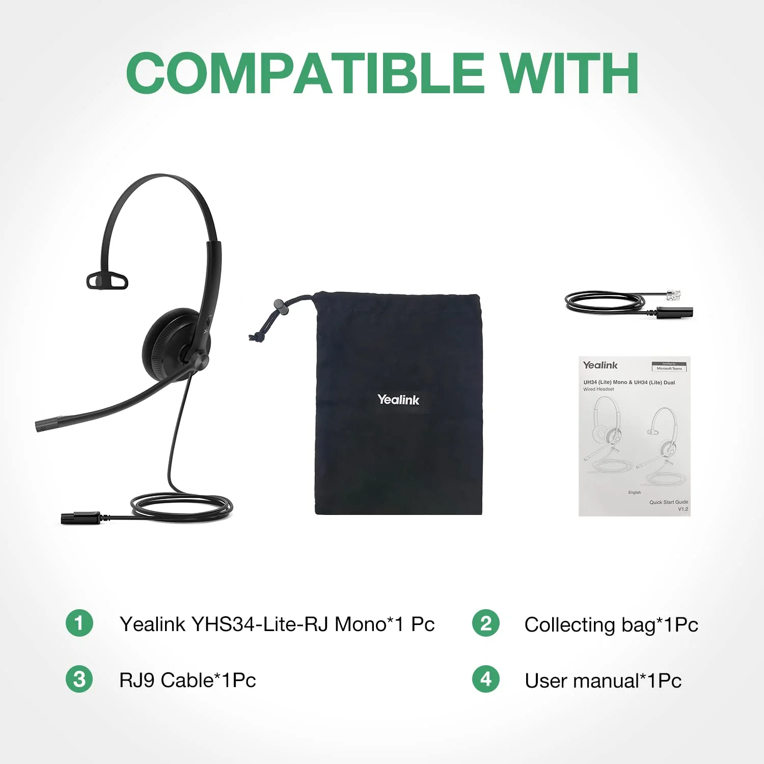Yealink Phone Headsets for Office Phones YHS34 Lite QD to RJ9 Wired Headset Compatible with Poly Snom Grandstream Phones Desk Landline Headset with Microphone -Mono/68g/2.1m Cable Foamy Ear Cushions - Mono Compatible with Yealink|Poly|SNOM|Grandstream - Image 8