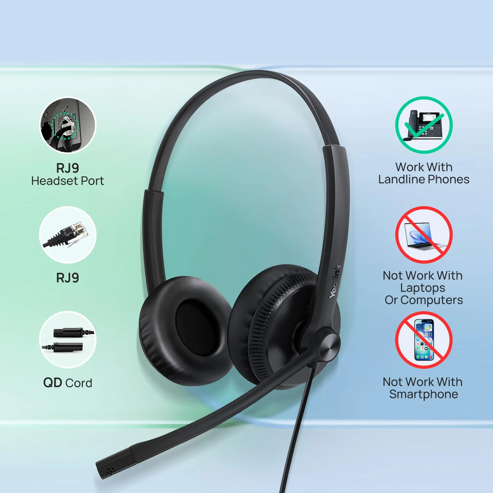Yealink Phone Headsets for Office Phones YHS34 QD to RJ9 Wired Headset Compatible with Poly Snom Grandstream Phones Desk Landline Headset with Microphone -Mono/72g/2.1m Cable Mono Convenient-YHS34 - Image 4