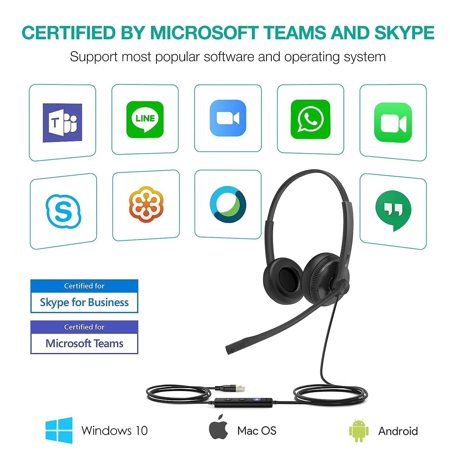 Yealink UH34 USB Headset with Mic,Stereo Wired Headphones with Noise Cancelling Microphone,Teams Certified,Professional Work Headphones for VoIP Phone PC Computer Call Center Office USB（Leatherette) - Image 4