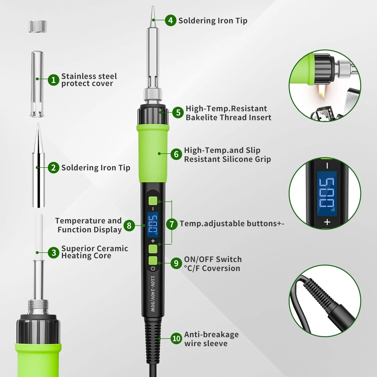YEEHONEC Professional Soldering Iron Set, 90 W LCD Automatic Sleep Mode, Adjustable Temperature 180-500 °C with 50 g Solder, 5 Soldering Tips, Desoldering Pump, Soldering Iron Stand, Tweezers - Image 2