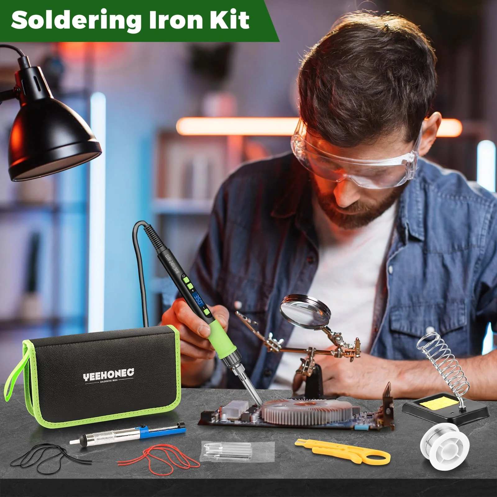 YEEHONEC Professional Soldering Iron Set, 90 W LCD Automatic Sleep Mode, Adjustable Temperature 180-500 °C with 50 g Solder, 5 Soldering Tips, Desoldering Pump, Soldering Iron Stand, Tweezers - Image 5