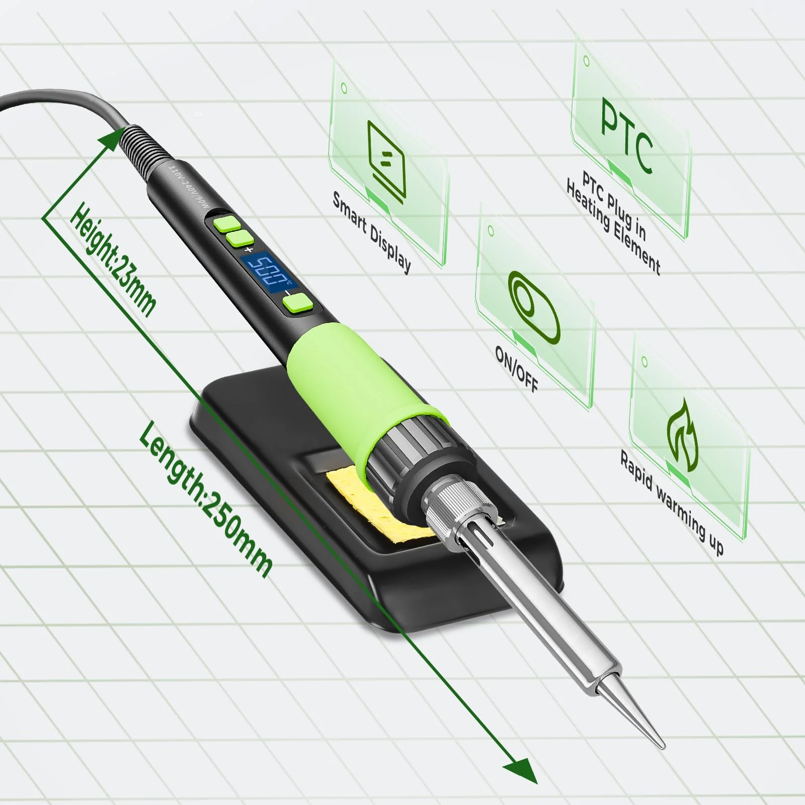 YEEHONEC Professional Soldering Iron Set, 90 W LCD Automatic Sleep Mode, Adjustable Temperature 180-500 °C with 50 g Solder, 5 Soldering Tips, Desoldering Pump, Soldering Iron Stand, Tweezers - Image 7
