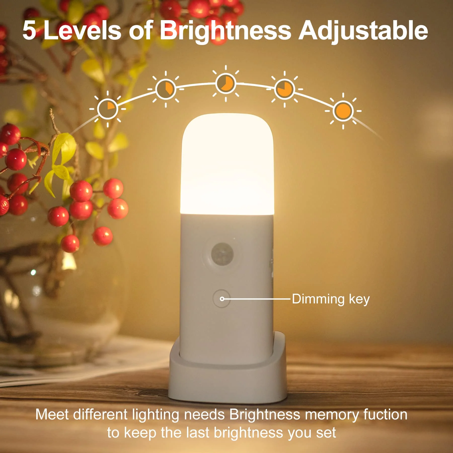 YELKO Motion Sensor Night Light, 2000mAh Rechargeable Night Lights Battery Powered, PortableＤimmable Nightlights with 5 Brightness Levels for Kids,Adults (Warm White 2Pack) Warm White Two Pack - Image 2