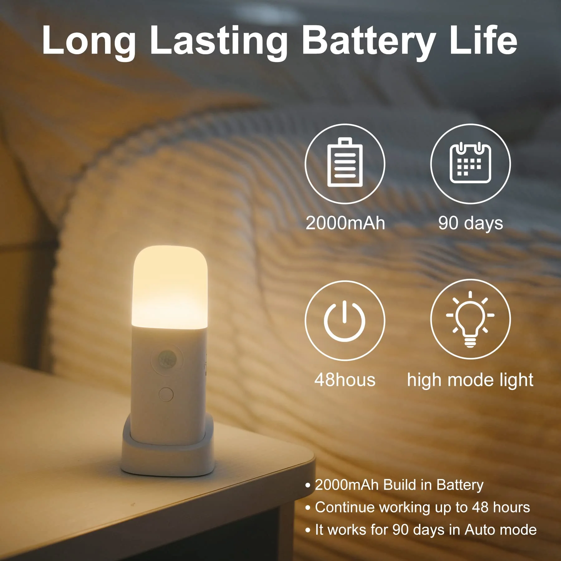 YELKO Motion Sensor Night Light, 2000mAh Rechargeable Night Lights Battery Powered, PortableＤimmable Nightlights with 5 Brightness Levels for Kids,Adults (Warm White 2Pack) Warm White Two Pack - Image 4