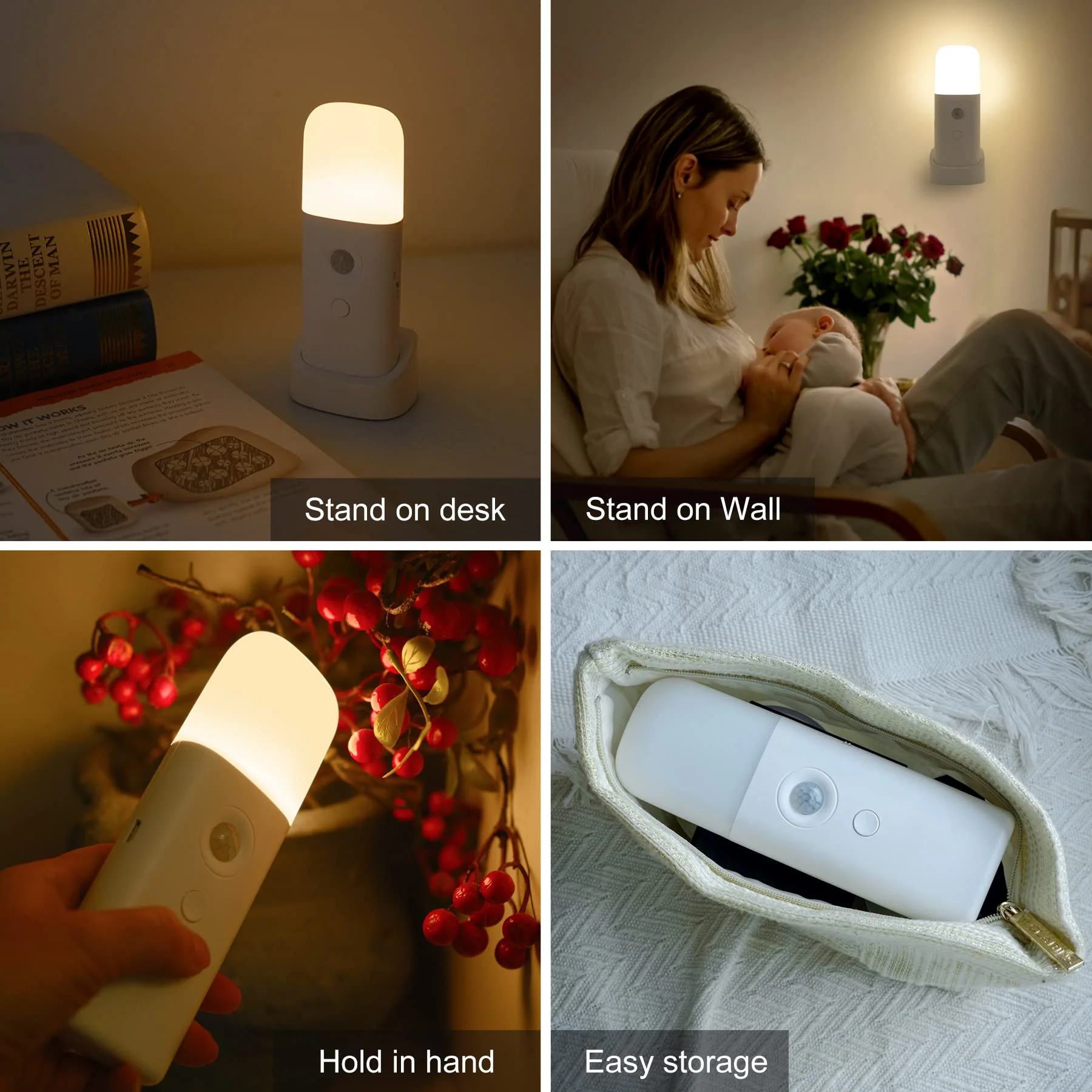 YELKO Motion Sensor Night Light, 2000mAh Rechargeable Night Lights Battery Powered, PortableＤimmable Nightlights with 5 Brightness Levels for Kids,Adults (Warm White 2Pack) Warm White Two Pack - Image 6