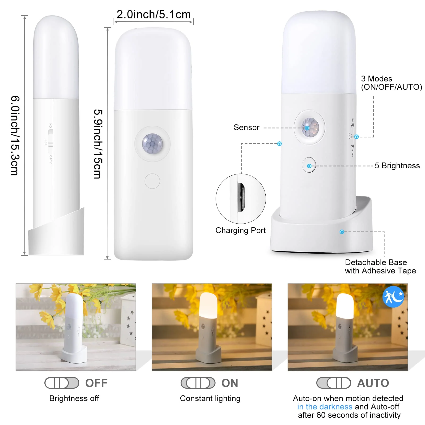 YELKO Motion Sensor Night Light, 2000mAh Rechargeable Night Lights Battery Powered, PortableＤimmable Nightlights with 5 Brightness Levels for Kids,Adults (Warm White 2Pack) Warm White Two Pack - Image 7
