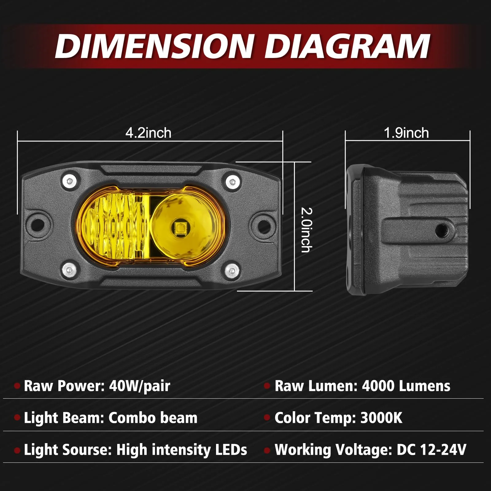 Yellow LED Pods Flush Mount Spot Flood Light 2PCS 4 Inch Bumper Driving Fog Lights Reverse Backup Work Lights Flush Off Road Light Bar for Truck Pickup UTV ATV Boat 4x4 Yellow Flush - Image 2