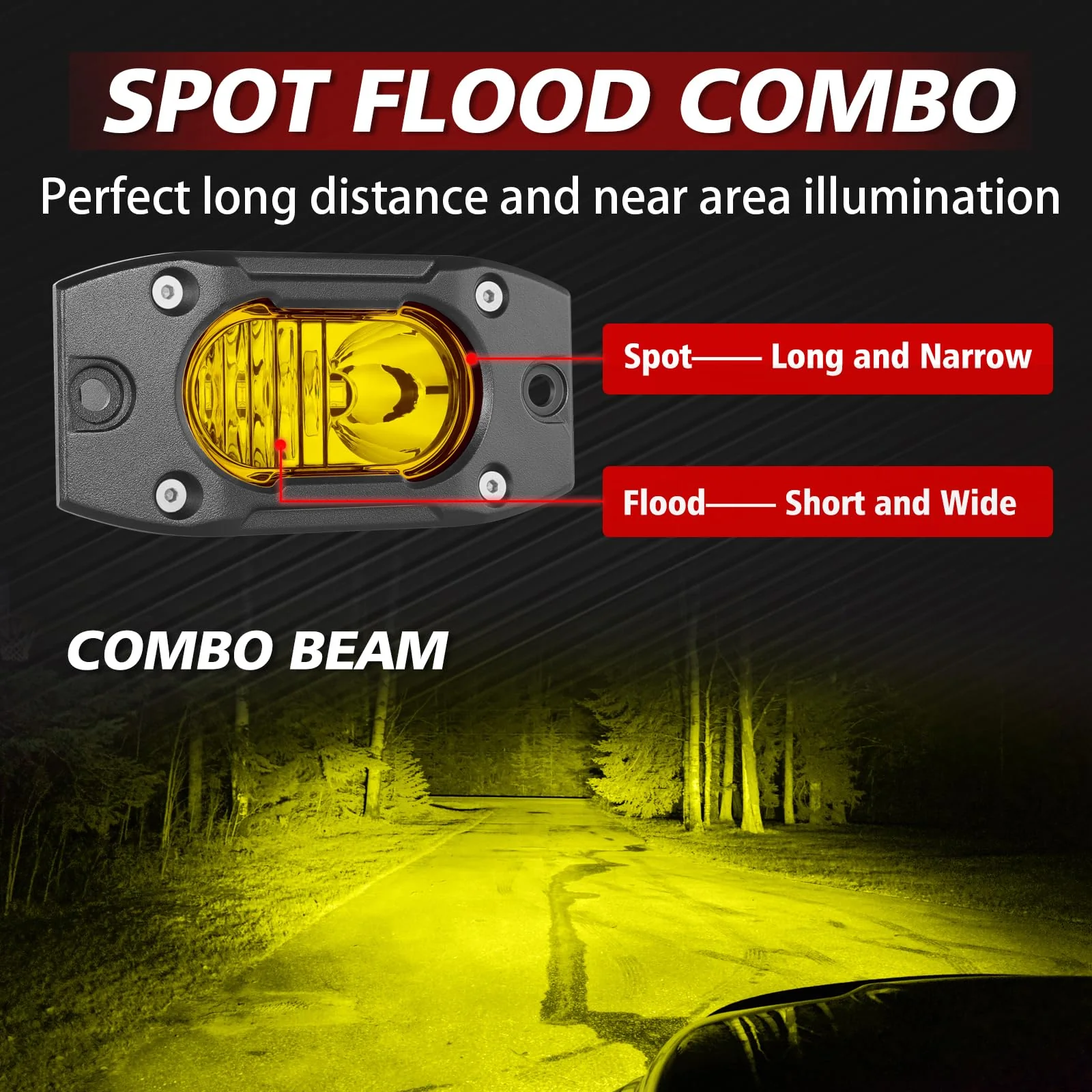 Yellow LED Pods Flush Mount Spot Flood Light 2PCS 4 Inch Bumper Driving Fog Lights Reverse Backup Work Lights Flush Off Road Light Bar for Truck Pickup UTV ATV Boat 4x4 Yellow Flush - Image 4