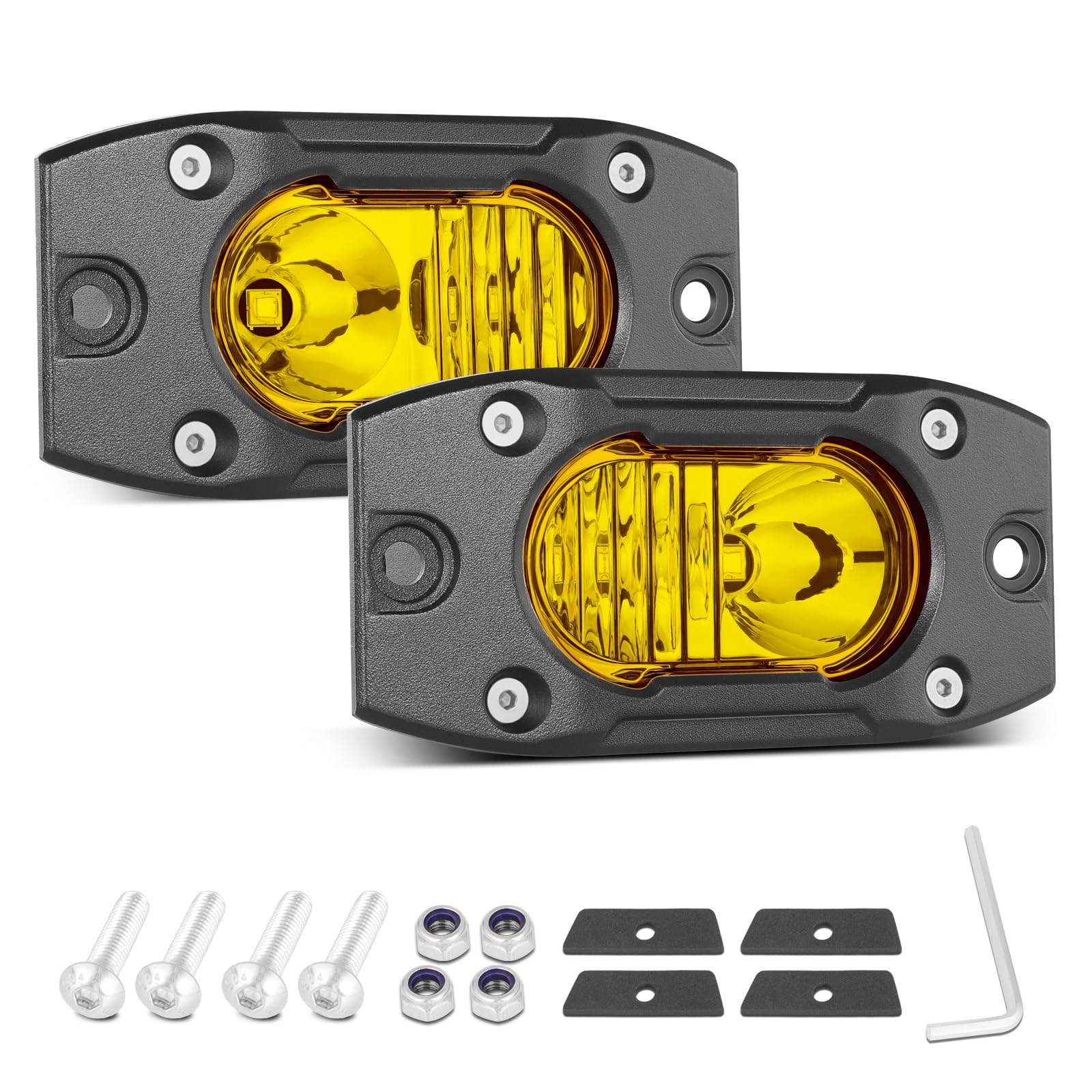 Yellow LED Pods Flush Mount Spot Flood Light 2PCS 4 Inch Bumper Driving Fog Lights Reverse Backup Work Lights Flush Off Road Light Bar for Truck Pickup UTV ATV Boat 4x4 Yellow Flush - Image 7