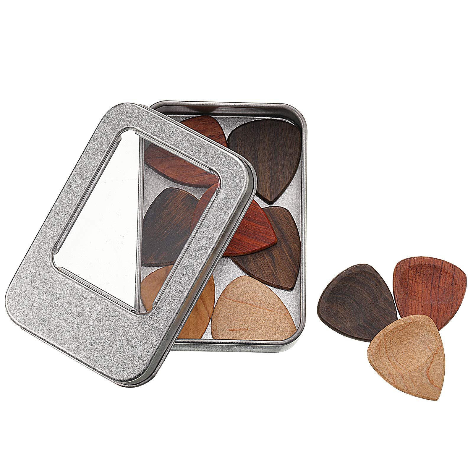 Yeshone 10 Pieces Exotic Wood Guitar Picks, 1 Guitar Picks Box Wooden Guitar Plectrums in African Red Sandalwood Chacate Preto Olive Wood Rosewood Maple Ebony Golden Sandalwood for Archtop Guitar - Image 3