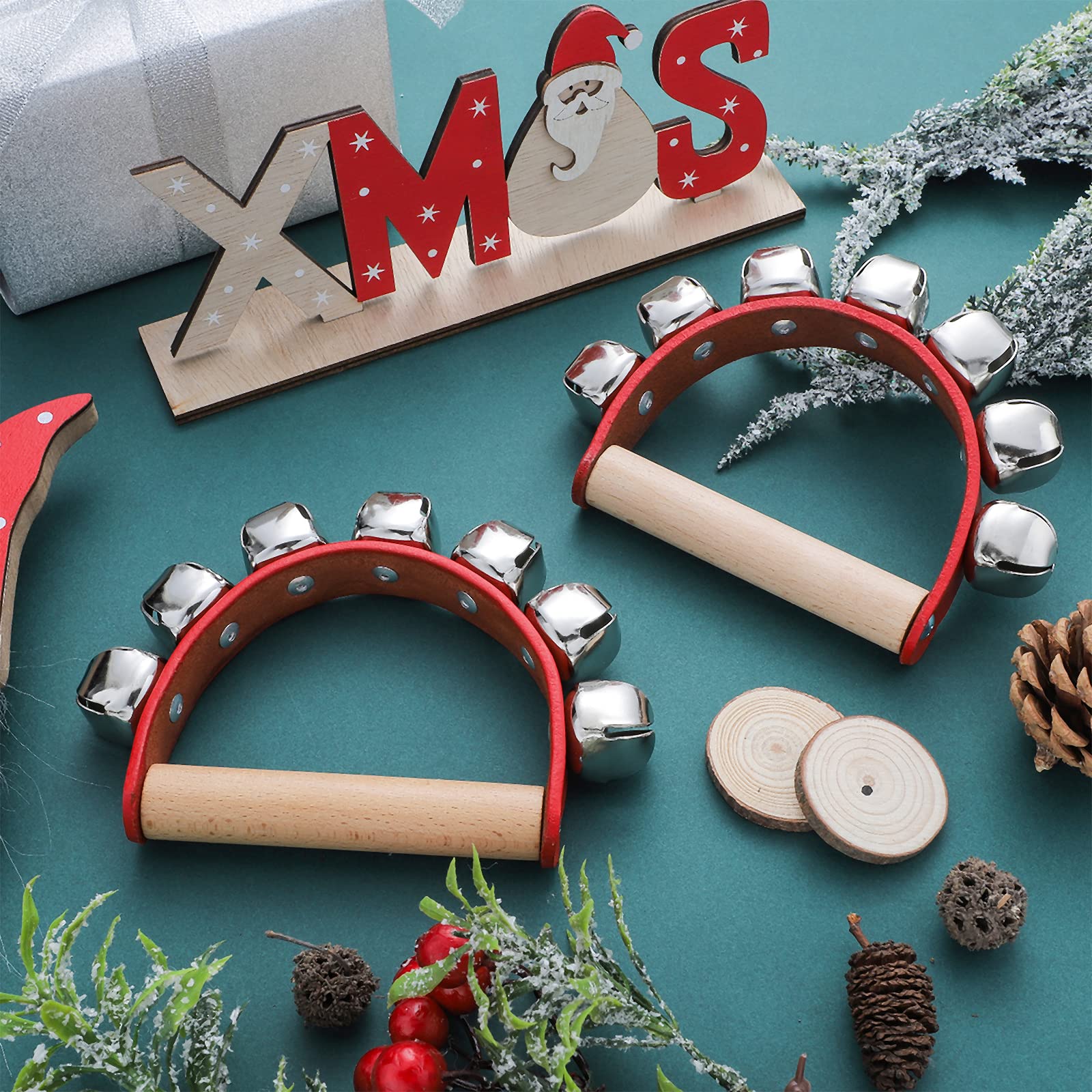 Yeshone 6 Pieces Christmas Caroling Sleigh Bells Handheld Instrument Handheld Jingle Ring Sleigh Musical Bell Instrument Wooden Handle for Christmas Valentines Crafts Decor (7 Bells) - Image 7