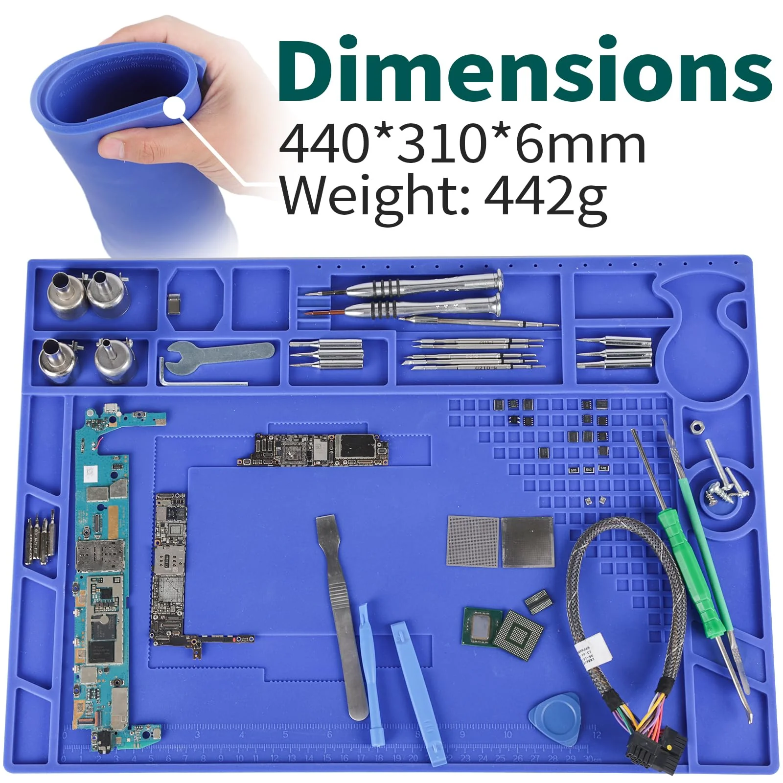 YIHUA M170 Heat Resistant Soldering Mat 440×310×6mm Soldering Pad with Storage Slots, Integrated Ruler, Magnetic Zones, PCB Slot and Flexible Soft Silicone Soldering Mat 440x310mm - Image 2