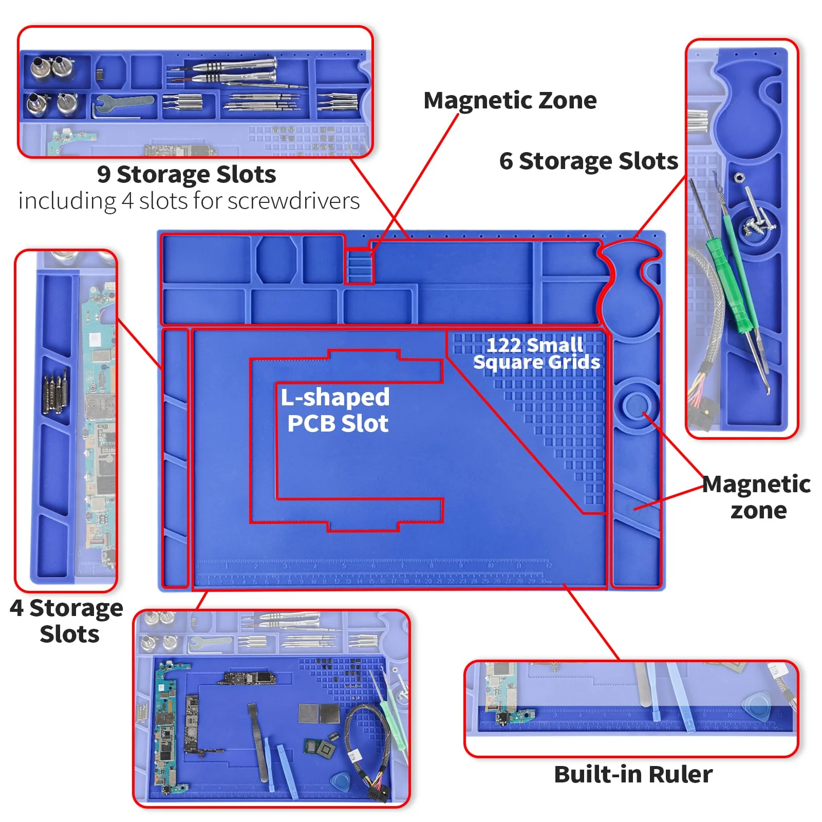 YIHUA M170 Heat Resistant Soldering Mat 440×310×6mm Soldering Pad with Storage Slots, Integrated Ruler, Magnetic Zones, PCB Slot and Flexible Soft Silicone Soldering Mat 440x310mm - Image 3