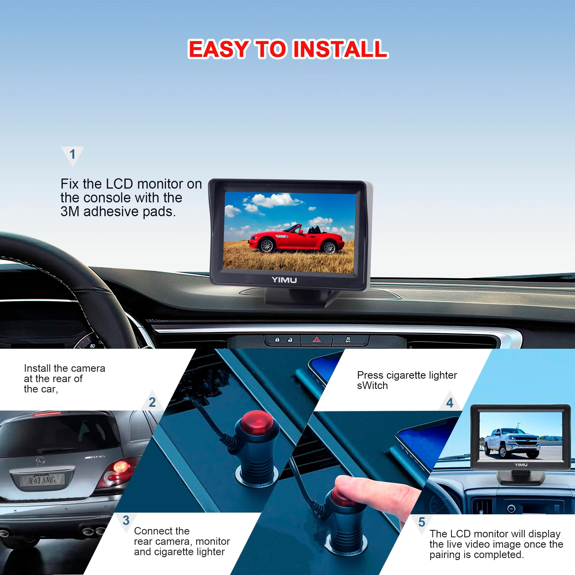 YIMU Backup Camera System with License Plate Backup Reverse Camera, Easy Installation, Plug & Play, DIY Guide Lines, 150° Wide Angle, Night Vision, IP69K Waterproof, Optional Dual Bracket K4302 - Image 2