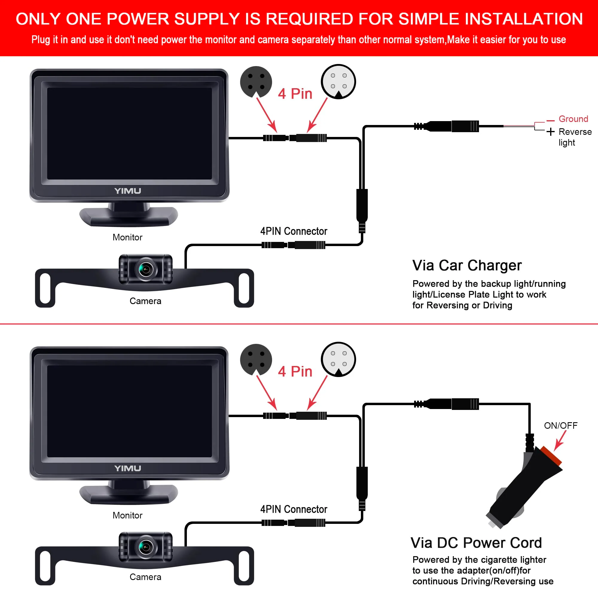 YIMU Backup Camera System with License Plate Backup Reverse Camera, Easy Installation, Plug & Play, DIY Guide Lines, 150° Wide Angle, Night Vision, IP69K Waterproof, Optional Dual Bracket K4302 - Image 8