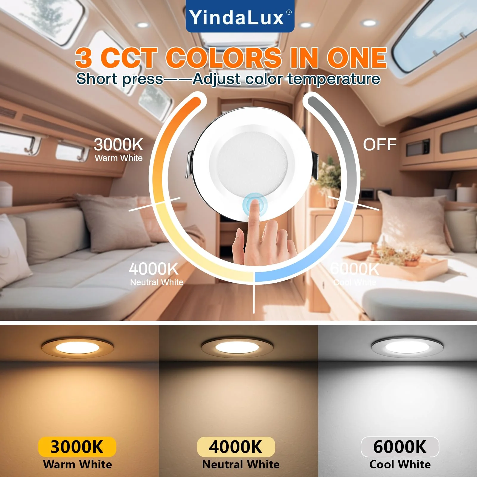 YindaLux LED Recessed Spotlight 12 V Touch Control Warm White Neutral White Cool White LED Spot Dimmable 3 W IP44 Recessed Spotlights 60 mm Hole Size Recessed Lights for Caravan Kitchen Aluminium Chrome - Image 3