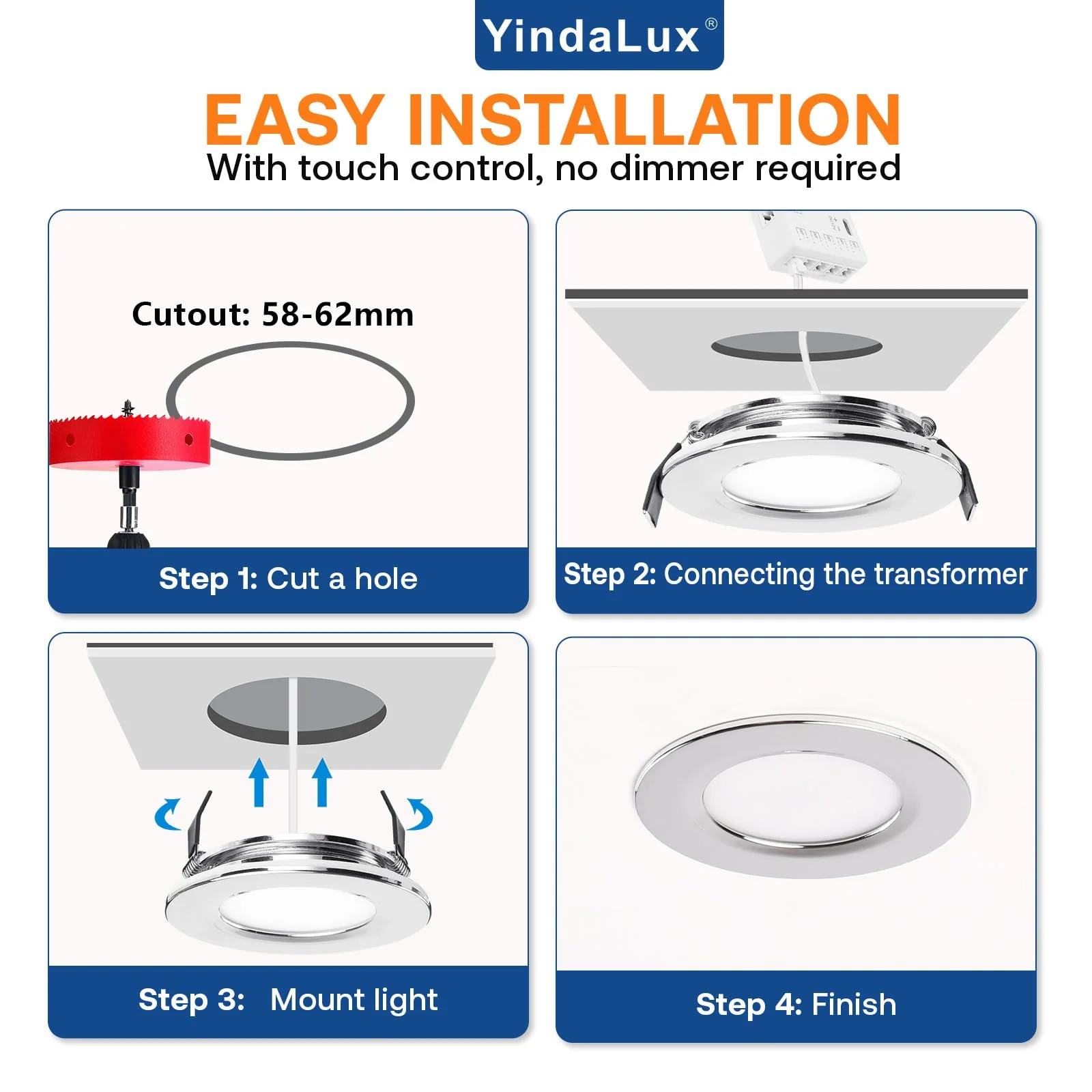 YindaLux LED Recessed Spotlight 12 V Touch Control Warm White Neutral White Cool White LED Spot Dimmable 3 W IP44 Recessed Spotlights 60 mm Hole Size Recessed Lights for Caravan Kitchen Aluminium Chrome - Image 7