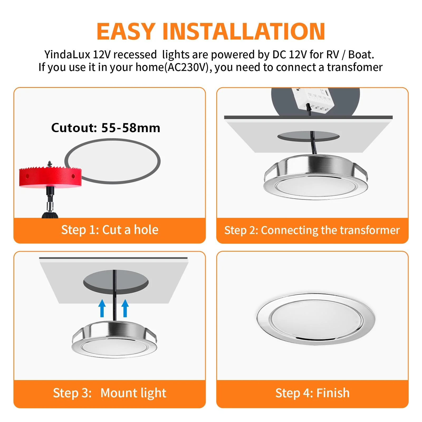 YindaLux Recessed Spotlight LED 12 V 4000 K Neutral White LED Spot Dimmable 3 W Recessed Spotlights 55-58 mm Hole Size Recessed Lights for Caravans Kitchen Wardrobe Aluminium Chrome Set of 3 4000K 3 Stück - Image 7