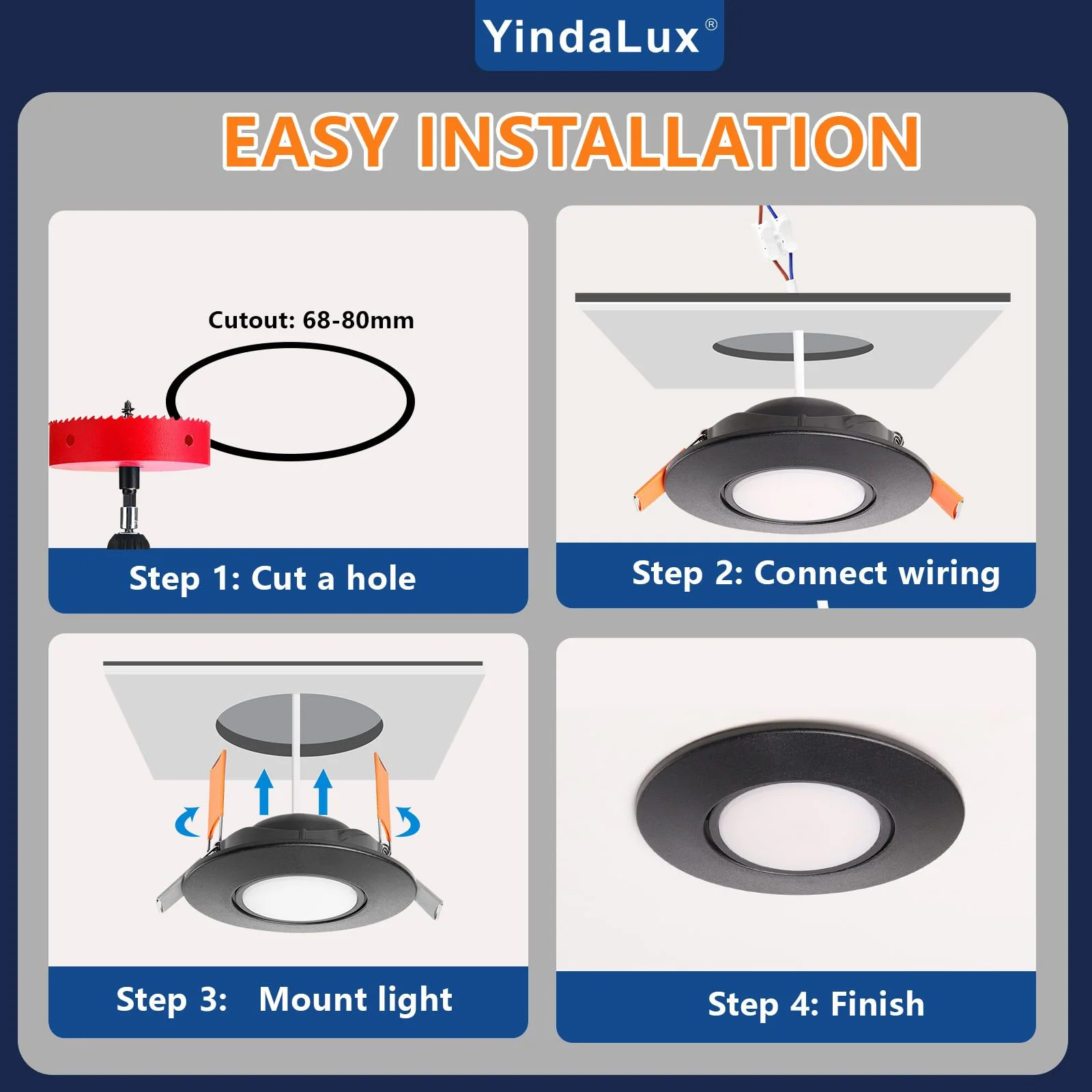 YindaLux Recessed Spotlight LED 230 V Dimmable Swivelling Recessed Spotlights 5 W IP44 LED Spot 68-80 mm Hole Size Ceiling Spotlights Warm White Neutral White Cool White Recessed Lights for Bathroom Black 6 Stück-120°Abstrahlwinkel - Image 8