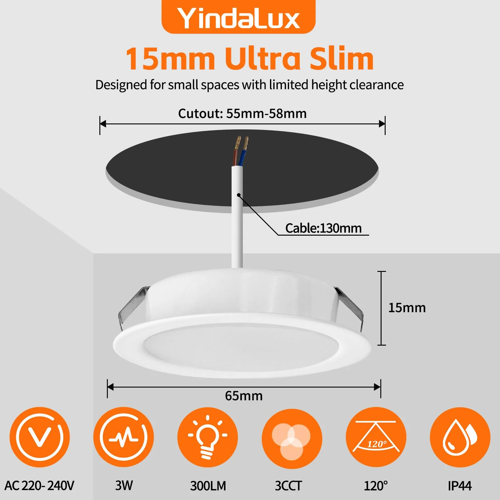 YindaLux Set of 3 LED Recessed Spotlights 230 V 3 W 3000 K Warm White 4000 K Neutral White 6000 K Cool White LED Spot Ultra Flat 300 LM Bore Hole 55-58 mm and 15 mm Flat IP44 Recessed Furniture 3 pieces - Image 2