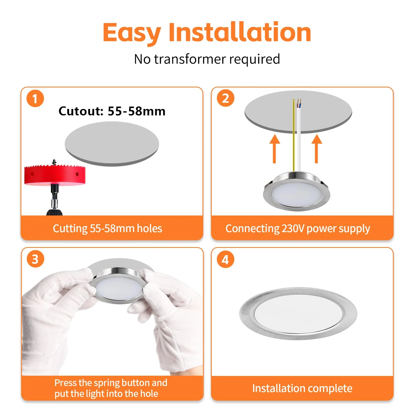 YindaLux Set of 3 LED Recessed Spotlights 230 V 3 W 3000 K Warm White Ultra Flat 300LM Bore Hole 55-58 mm and 15 mm Flat IP44 Furniture Recessed Light for Mirror Cabinet Brushed Nickel 3 Stück Brushed Stainless Steel 3000 K - Image 9