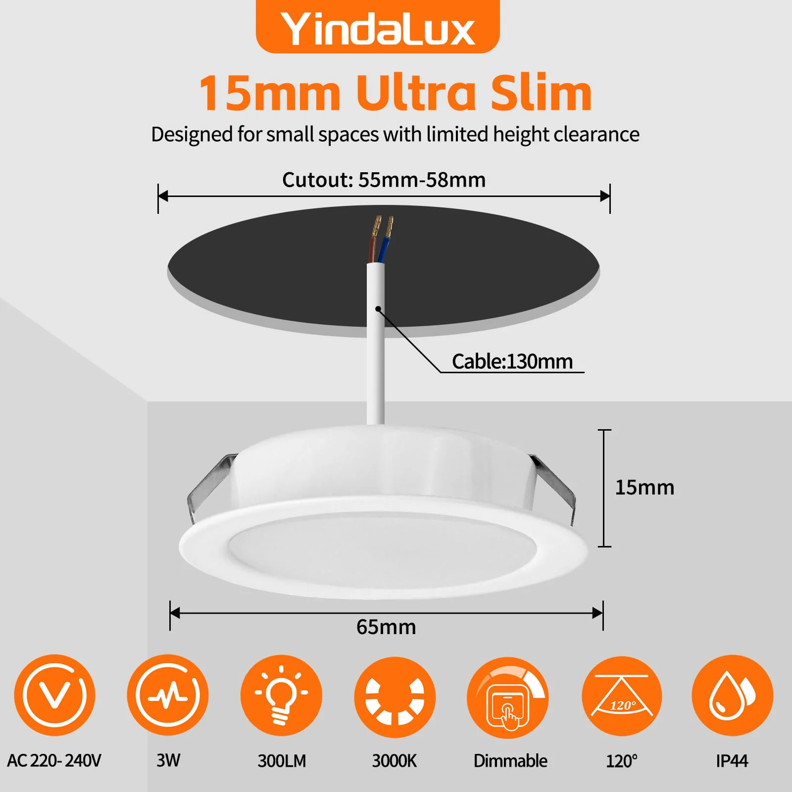 YindaLux Set of 3 LED Recessed Spotlights 230 V Dimmable 3 W 3000 K Warm White LED Spot Ultra Flat 300LM Bore Hole 55-58 mm and 15 mm Flat IP44 Furniture Recessed Spotlights for Mirror Cabinet, White 3 pieces White 3000k - Image 2