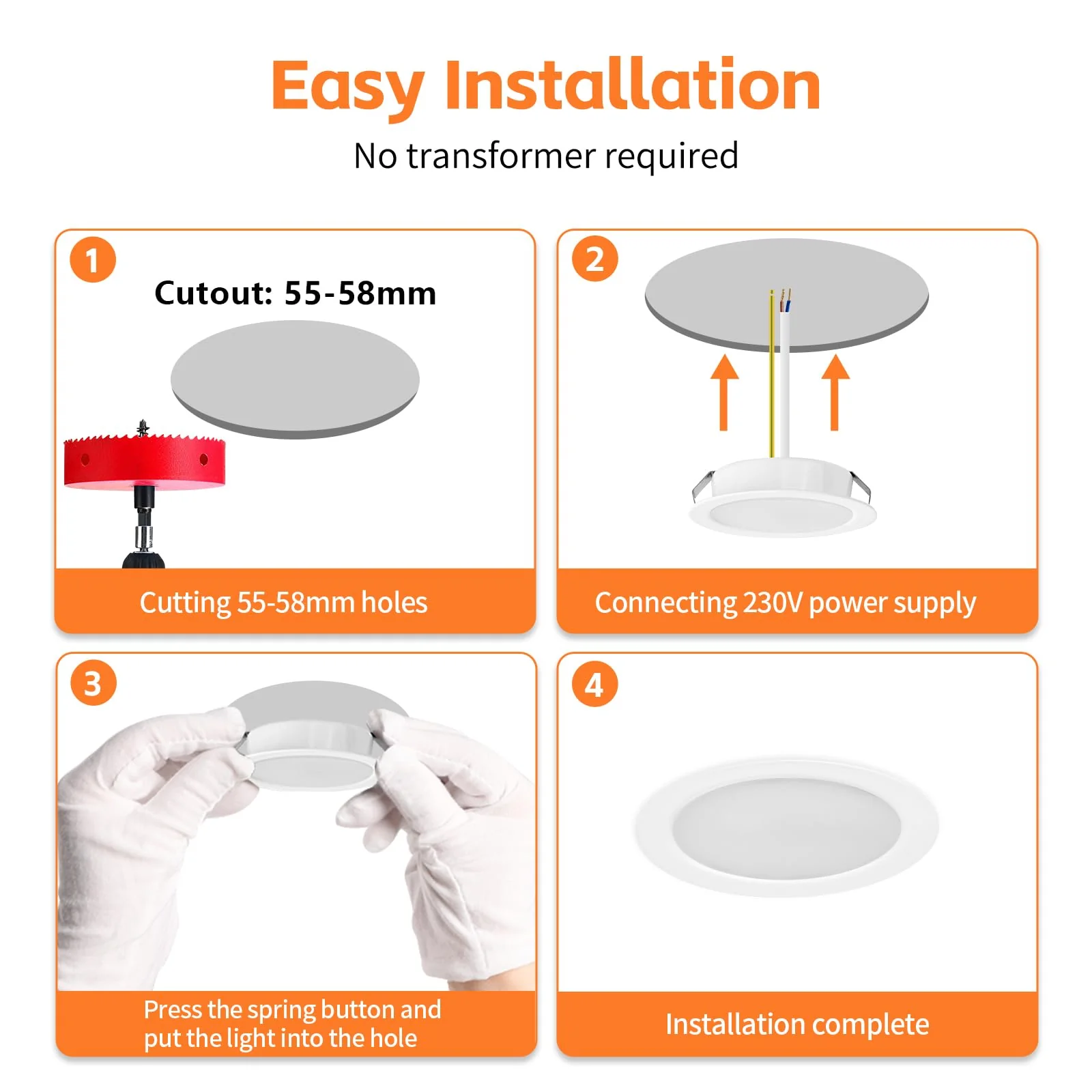 YindaLux Set of 3 LED Recessed Spotlights 230 V Dimmable 3 W 3000 K Warm White LED Spot Ultra Flat 300LM Bore Hole 55-58 mm and 15 mm Flat IP44 Furniture Recessed Spotlights for Mirror Cabinet, White 3 pieces White 3000k - Image 9