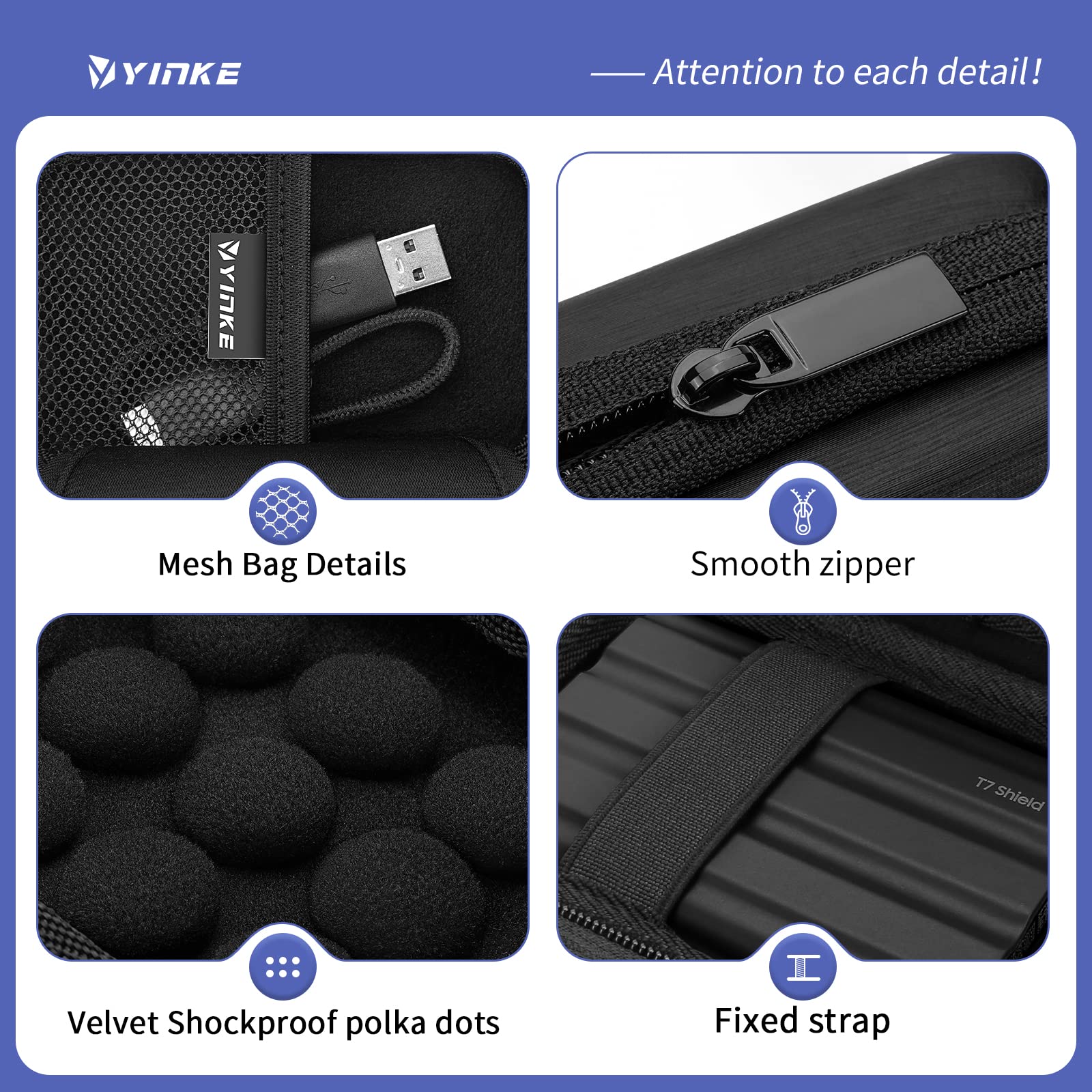 YINKE Case Compatible with Samsung T7 Shield/ T9 / T7 Touch Portable SSD USB 3.2 1TB, 2TB, 500GB, Hard EVA Portable Travel Storage Protective Cover (Black) Blak - Image 3