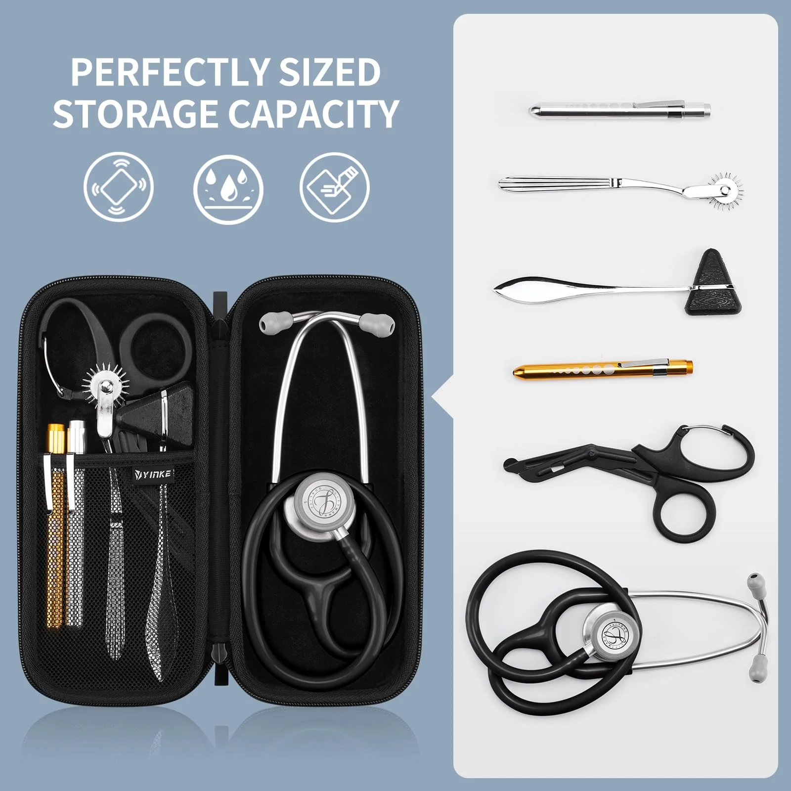 Yinke Stethoscope Bag for 9M Littmann/MDF/ADC Stethoscope Nurse Accessory for Emergency Paramedics Small and Portable Shockproof for Travel Fits Medical Scissors Reflex Hammer Pen Light Black Optimization - Image 2