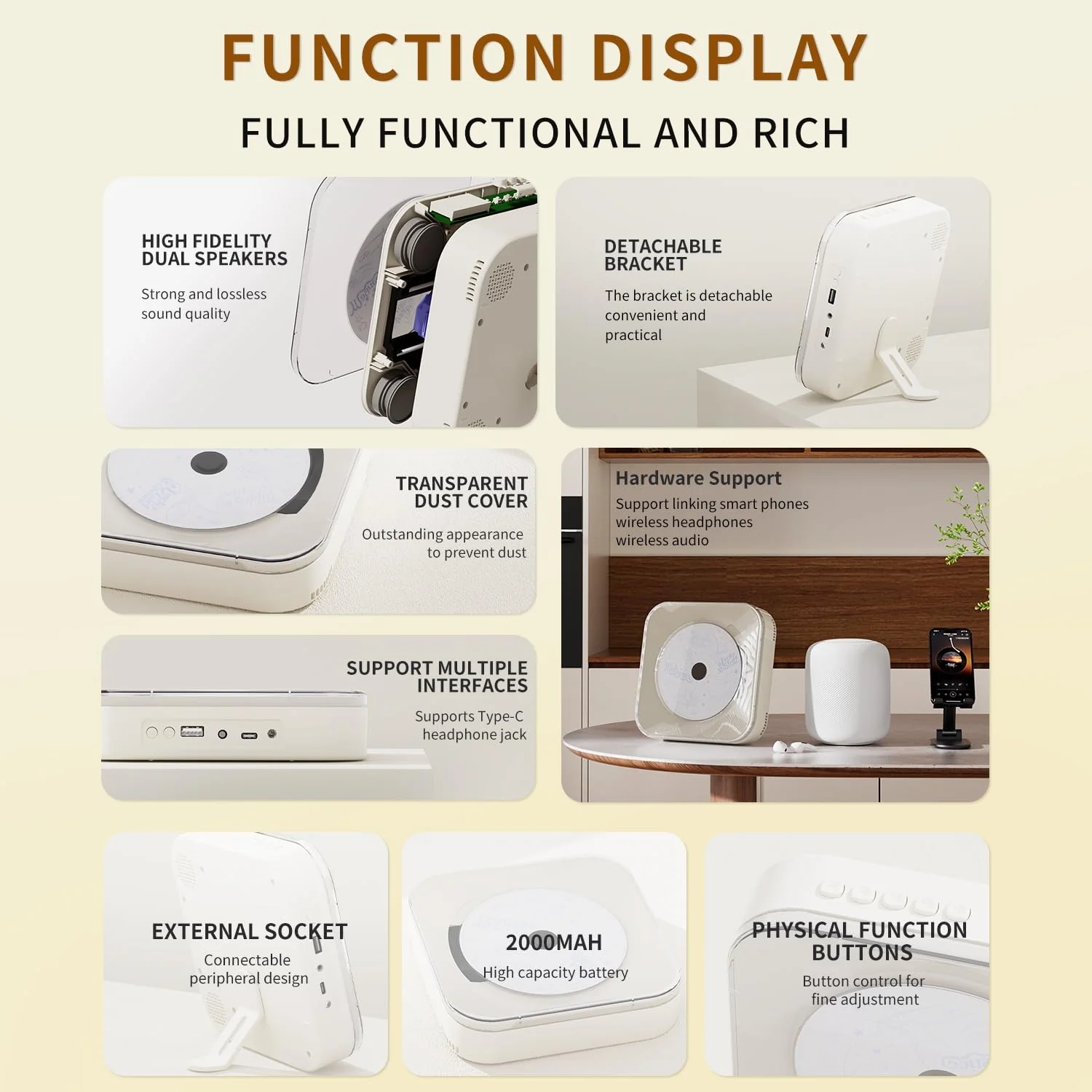 Yintiny Off White Audio CD Player with Speakers for Home Decor (CD909) - Image 7