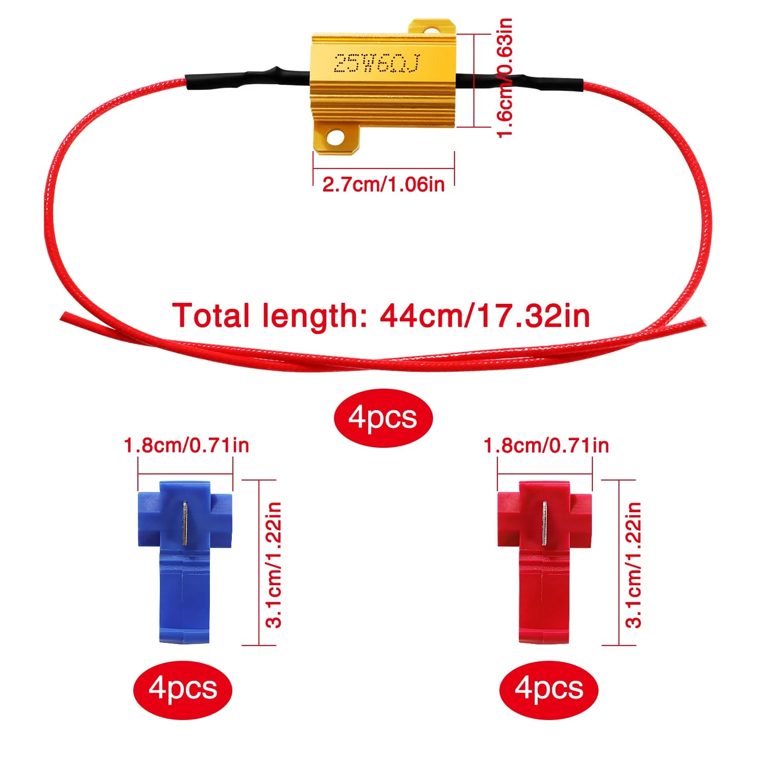 YIXISI 4 Pieces 25 W 6 Ohm Load Resistor for Car LED SMD Indicator Error Code Fix, with 8 Quick Cable Clips, for LED Indicator, LED Number Plate Light, DRL 25W 6ohm - 4pcs - Image 2