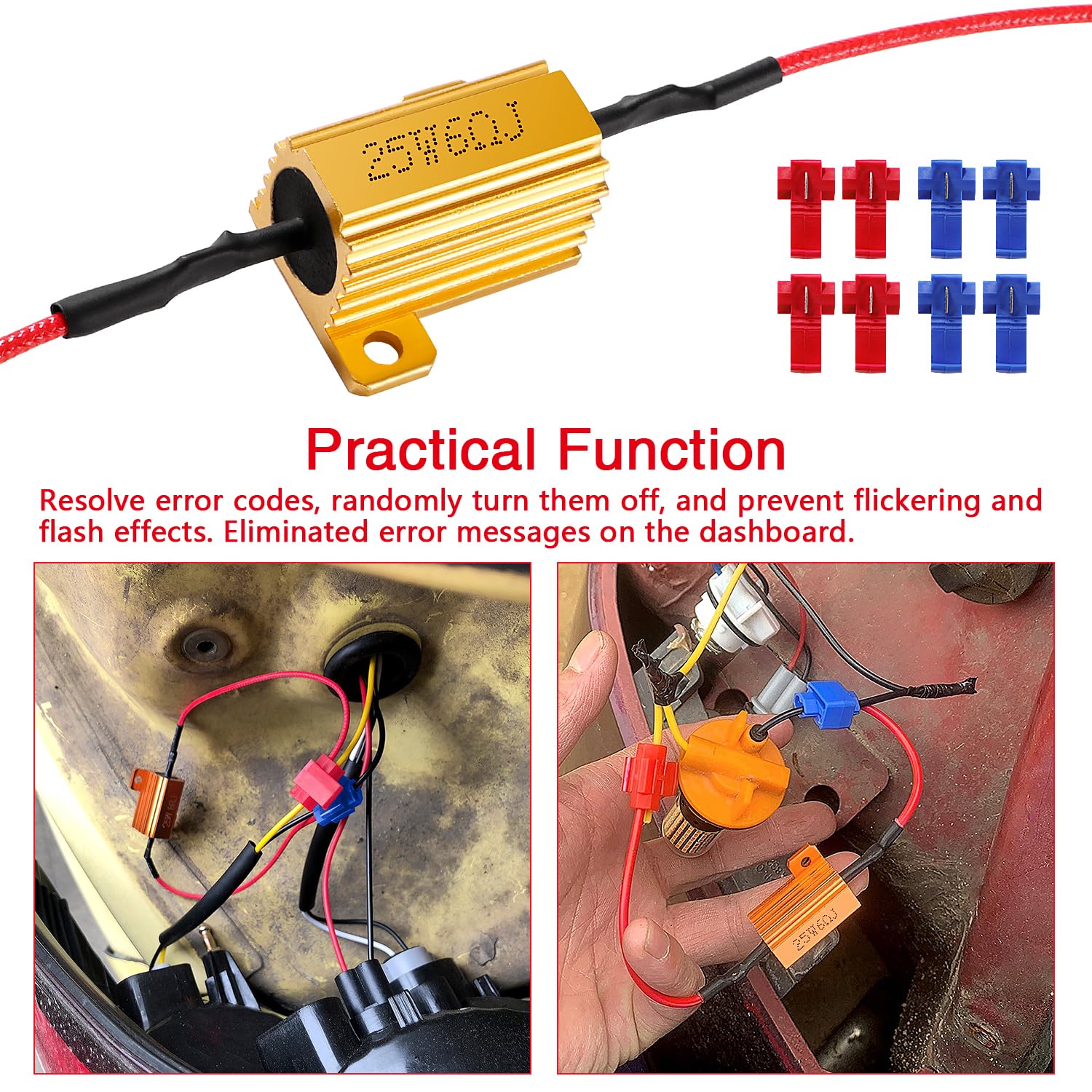 YIXISI 4 Pieces 25 W 6 Ohm Load Resistor for Car LED SMD Indicator Error Code Fix, with 8 Quick Cable Clips, for LED Indicator, LED Number Plate Light, DRL 25W 6ohm - 4pcs - Image 5