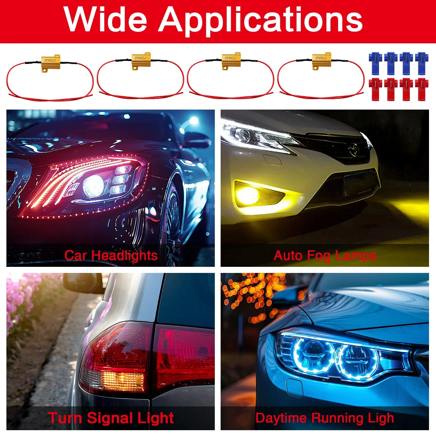 YIXISI 4 Pieces 25 W 6 Ohm Load Resistor for Car LED SMD Indicator Error Code Fix, with 8 Quick Cable Clips, for LED Indicator, LED Number Plate Light, DRL 25W 6ohm - 4pcs - Image 6
