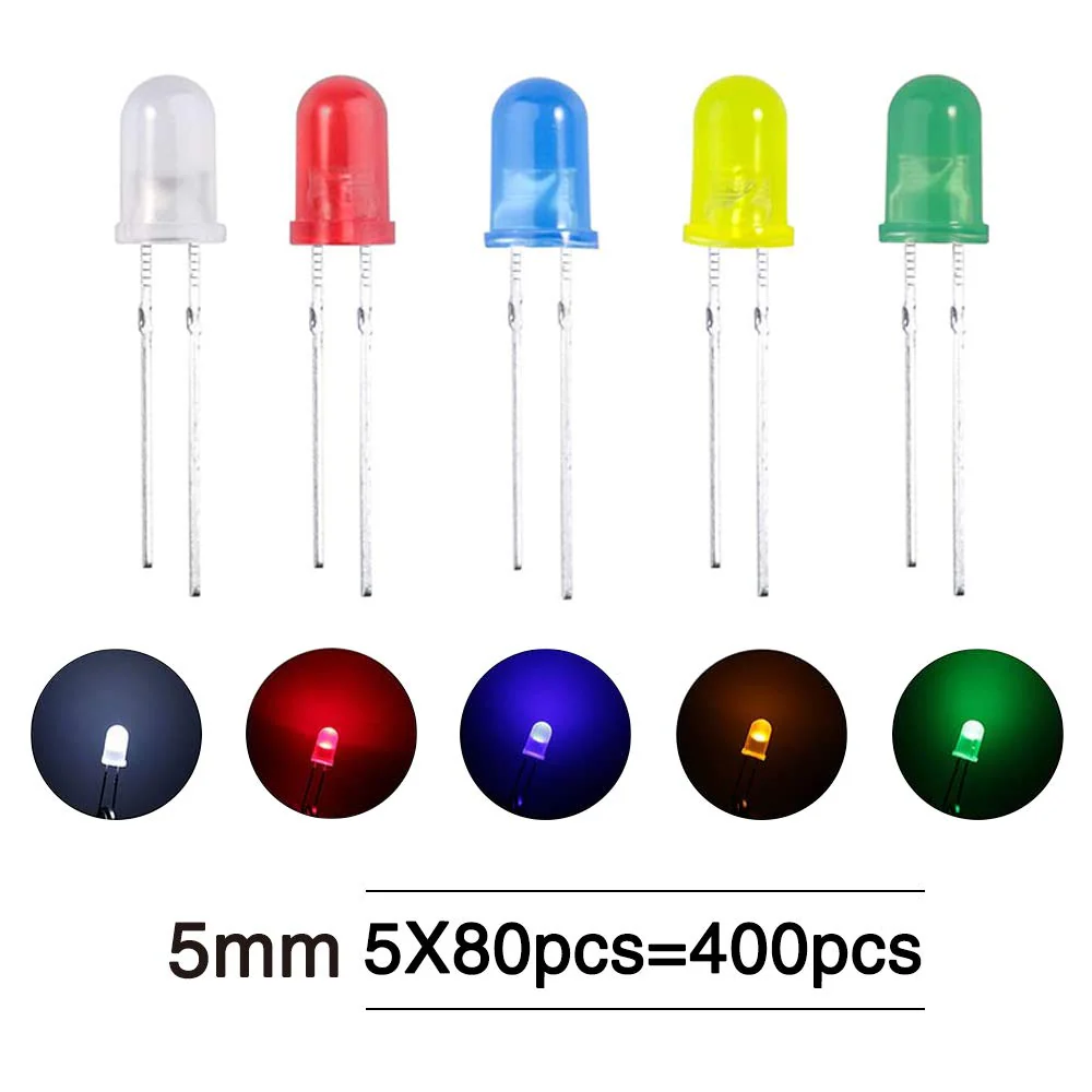 YIXISI 400 Pieces 5 mm LED Light Emitting Diode Set, Round Head LED, 5 Colours (80 Pieces of Each Colour), White, Red, Yellow, Green, Blue 5mm-400 - Image 2