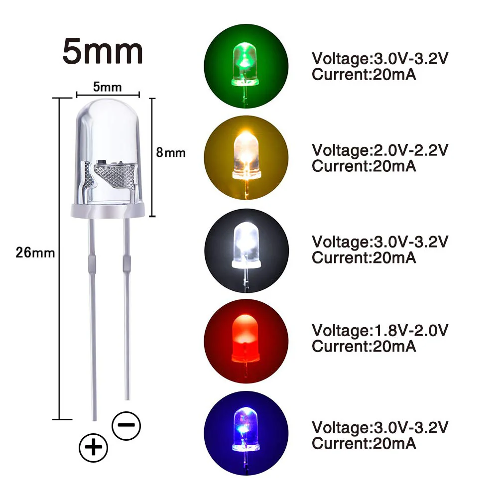 YIXISI 400 Pieces 5 mm LED Light Emitting Diode Set, Round Head LED, 5 Colours (80 Pieces of Each Colour), White, Red, Yellow, Green, Blue 5mm-400 - Image 5