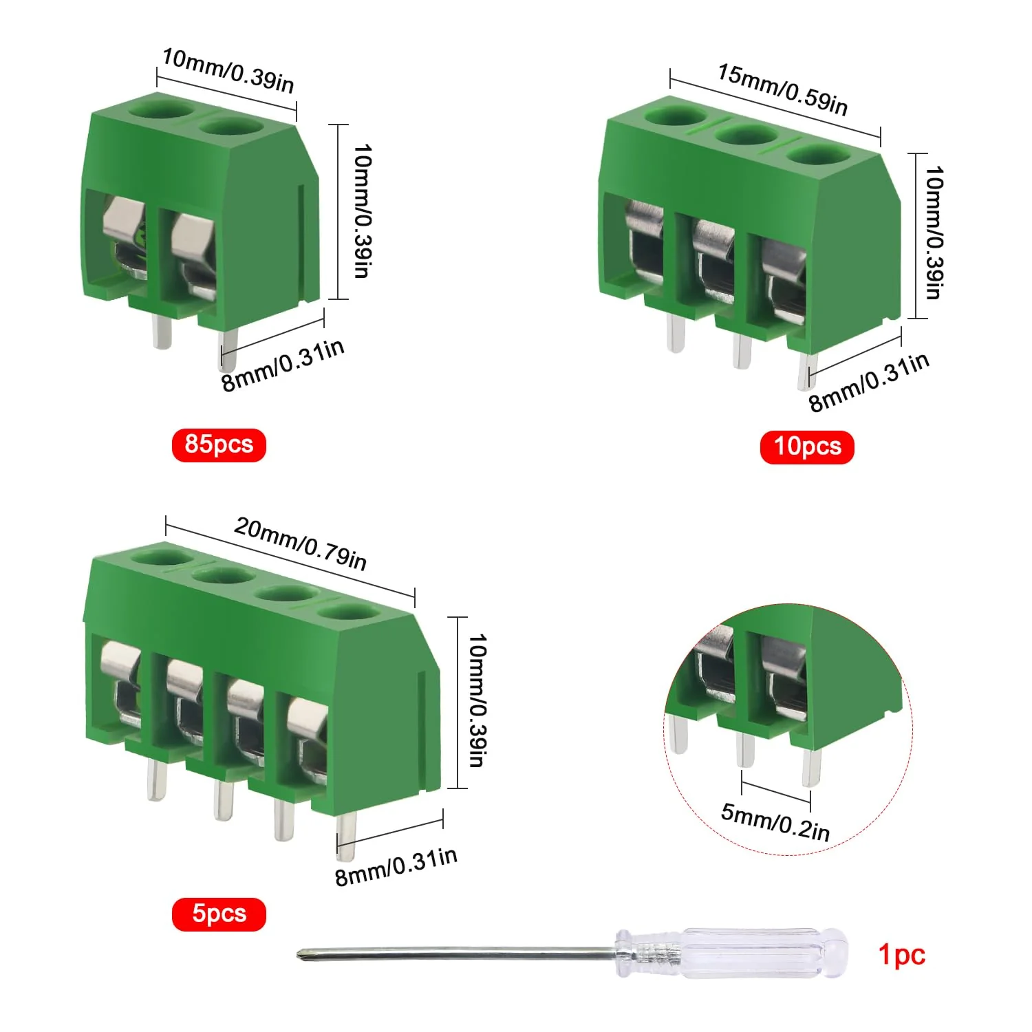 YIXISI PCB Mount Screw Terminal Block, 5 mm 2 Pin / 3 Pin / 4 Pin Screw Terminal Connector for Arduino DIY Project (85 x 2 Pin, 10 x 3 Pin, 5 x 4 Pin, Green) 2P+3P+4P - Image 2