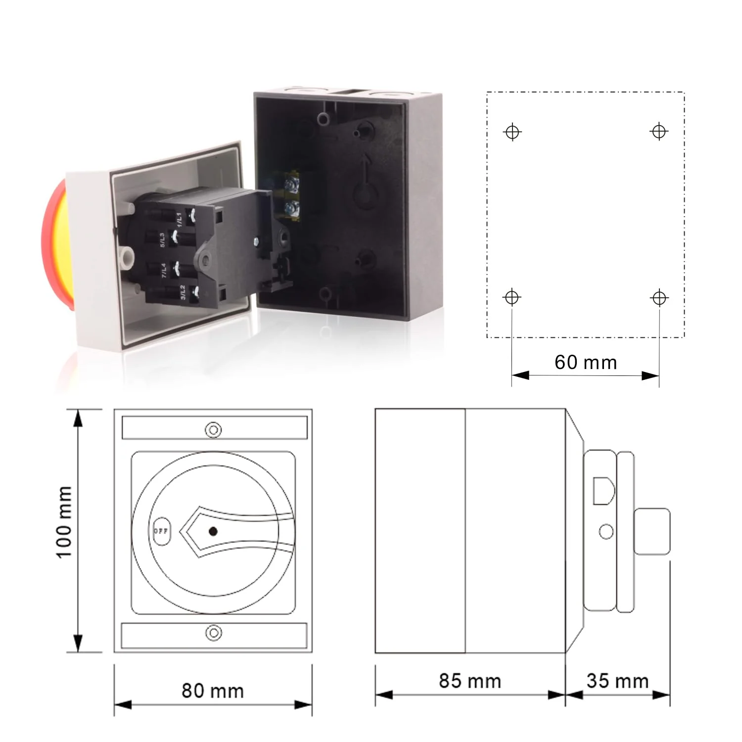 YJYUIU YJUIS416 Main Switch Circuit Breaker 4 Pin 16A Rotary Switch IP65 Waterproof Housing - Image 2