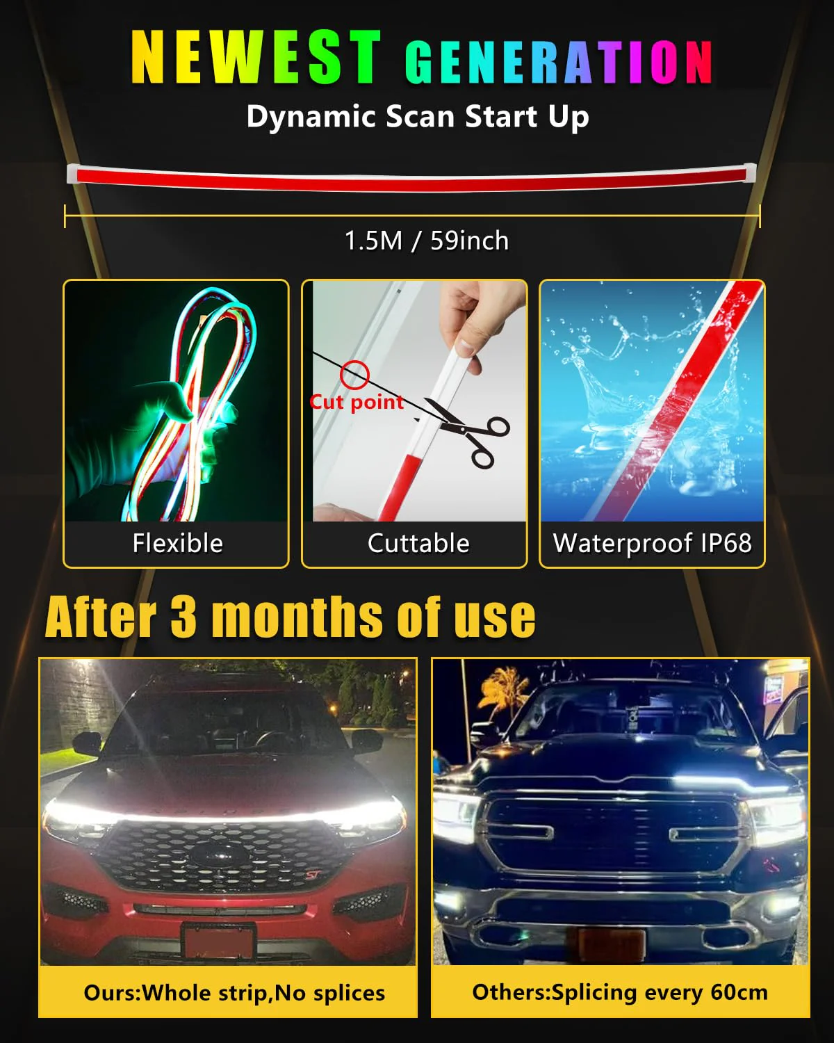 YM E-Bright Car Led Lights Exterior RGB Hood Light Strip Waterproof Multicolor Dynamic Scan Start Up Hoodbeam Kit with Turn Signal Function for Cars,Truck, SUV, APP Remote Control, 12V 59inch Dynamic Multicolor 59 inches - Image 3
