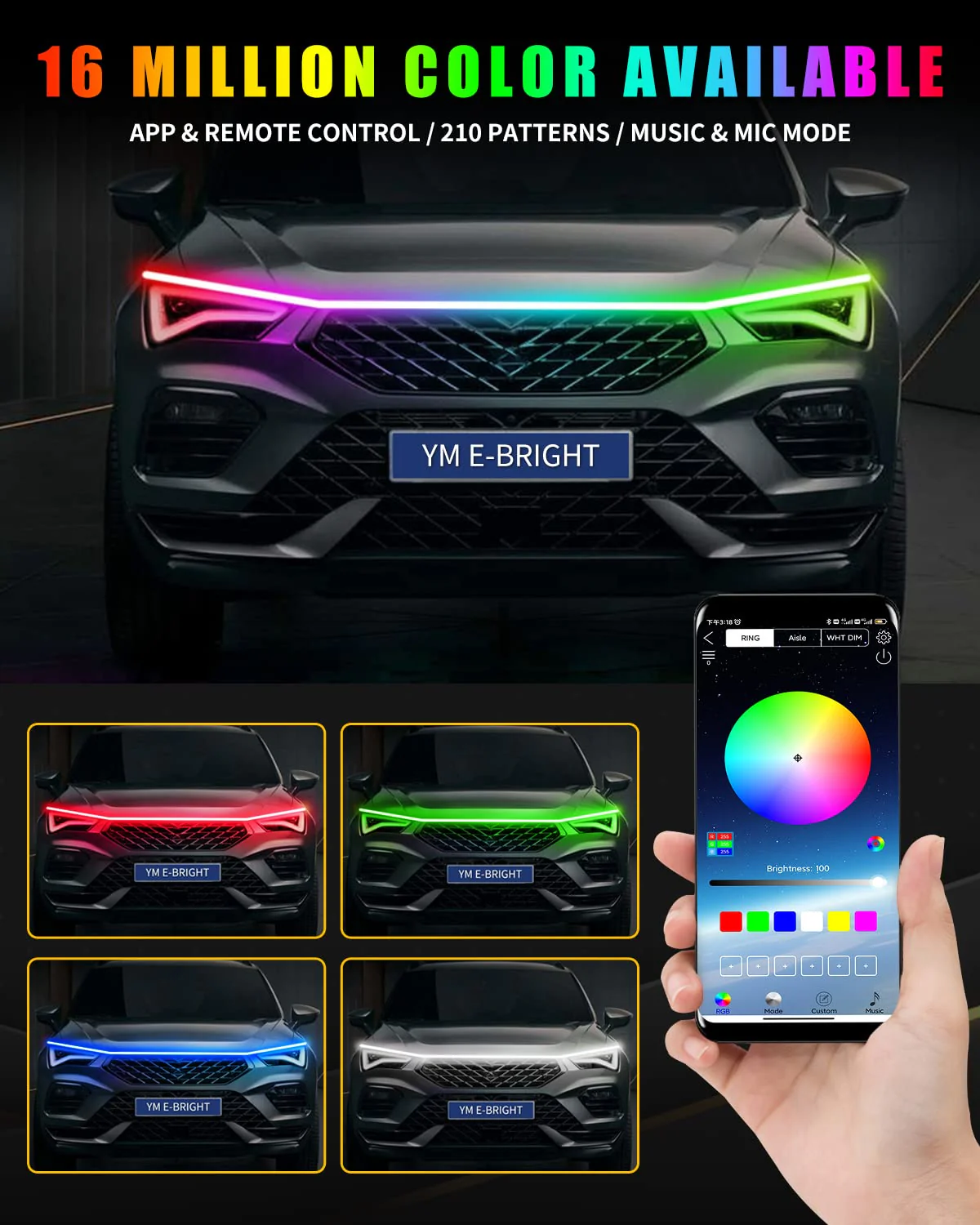 YM E-Bright Car Led Lights Exterior RGB Hood Light Strip Waterproof Multicolor Dynamic Scan Start Up Hoodbeam Kit with Turn Signal Function for Cars,Truck, SUV, APP Remote Control, 12V 59inch Dynamic Multicolor 59 inches - Image 4