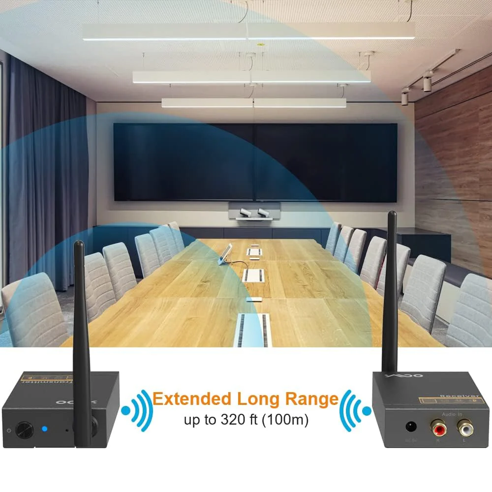 YMOO 2.4Ghz Wireless Audio Transmitter Receiver,48kHz/24bit HiFi Audio,20ms Ultra Low Latency,320ft Long Range RCA Jack Adapter for Speaker/soundbar to TV/PC/CD Player/Computer/Projector RT5066 - Image 4