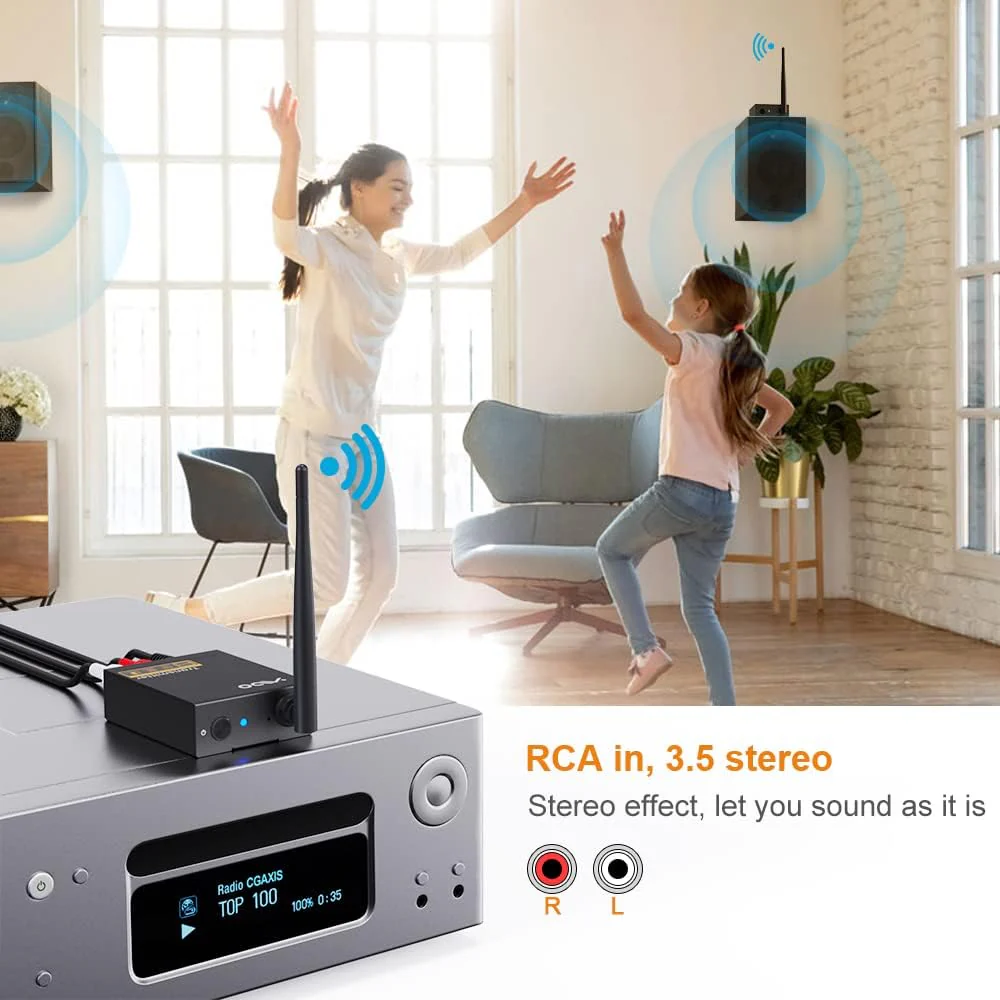 YMOO 2.4Ghz Wireless Audio Transmitter Receiver,48kHz/24bit HiFi Audio,20ms Ultra Low Latency,320ft Long Range RCA Jack Adapter for Speaker/soundbar to TV/PC/CD Player/Computer/Projector RT5066 - Image 7
