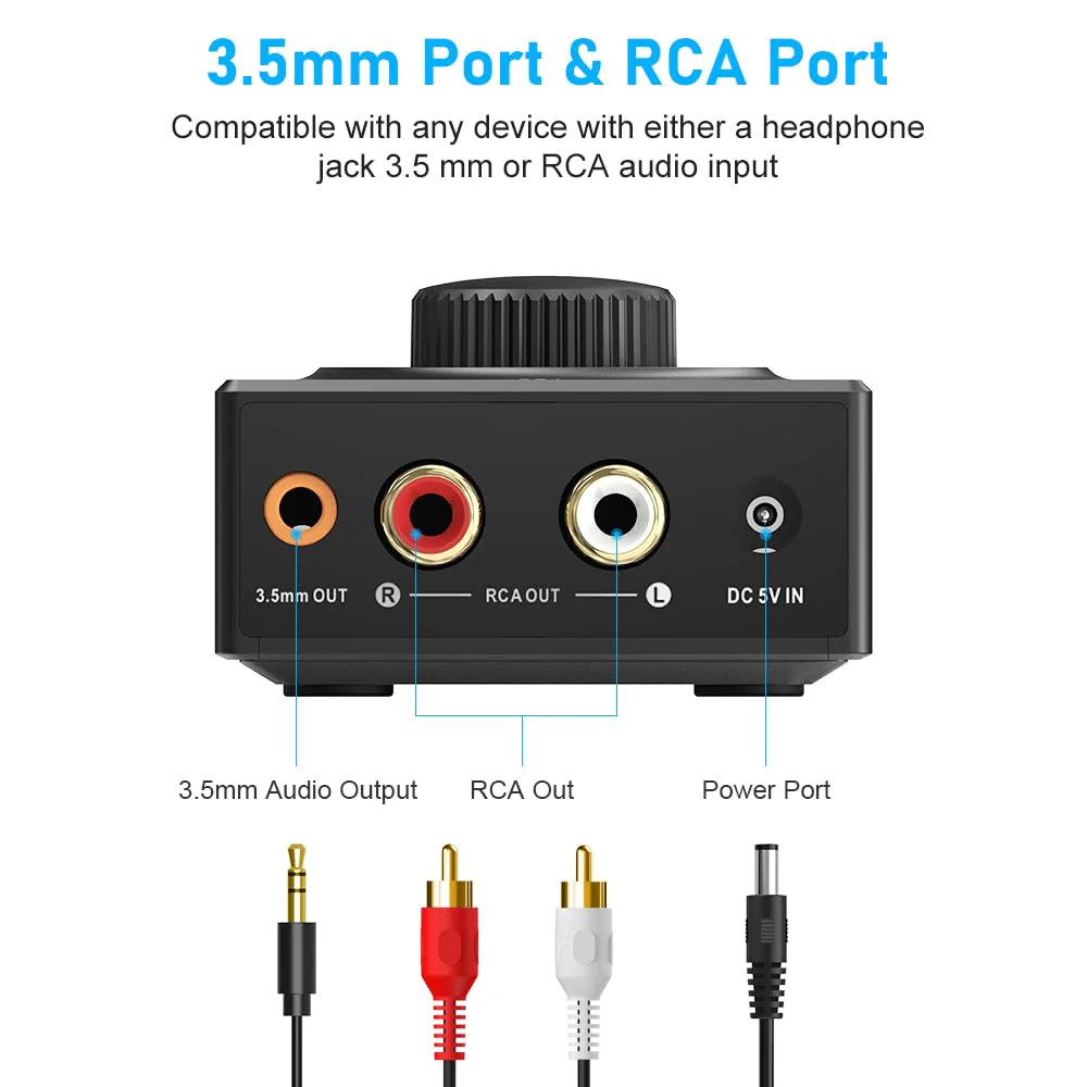 YMOO B06T3 Bluetooth 5.3 Receiver, 100ft RCA Bluetooth Audio Adapter for 3.5mm Jack AUX HiFi Home Stereo/Speaker from Smartphone/Tablet/Laptop, Dual Link for Two Speakers, SBC AAC Audio Black - Image 3