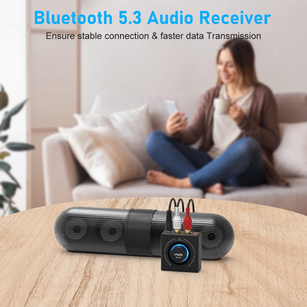 YMOO B06T3 Bluetooth 5.3 Receiver, 100ft RCA Bluetooth Audio Adapter for 3.5mm Jack AUX HiFi Home Stereo/Speaker from Smartphone/Tablet/Laptop, Dual Link for Two Speakers, SBC AAC Audio Black - Image 5