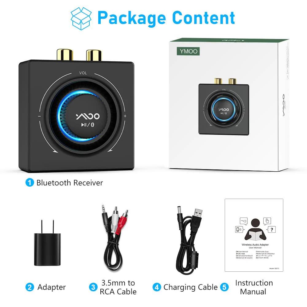 YMOO B06T3 Bluetooth 5.3 Receiver, 100ft RCA Bluetooth Audio Adapter for 3.5mm Jack AUX HiFi Home Stereo/Speaker from Smartphone/Tablet/Laptop, Dual Link for Two Speakers, SBC AAC Audio Black - Image 9