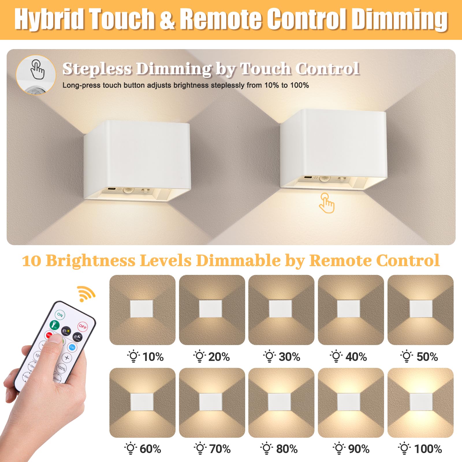 Yochoice Motion Sensor Wall Light Indoor Set of 2, 6000mAh Wireless Rechargeable Battery Operated LED Sconce Up Down with Touch Remote Control, Battery Powered Magnetic Wall Lamps with 3CCT, White 2-pack - Image 3