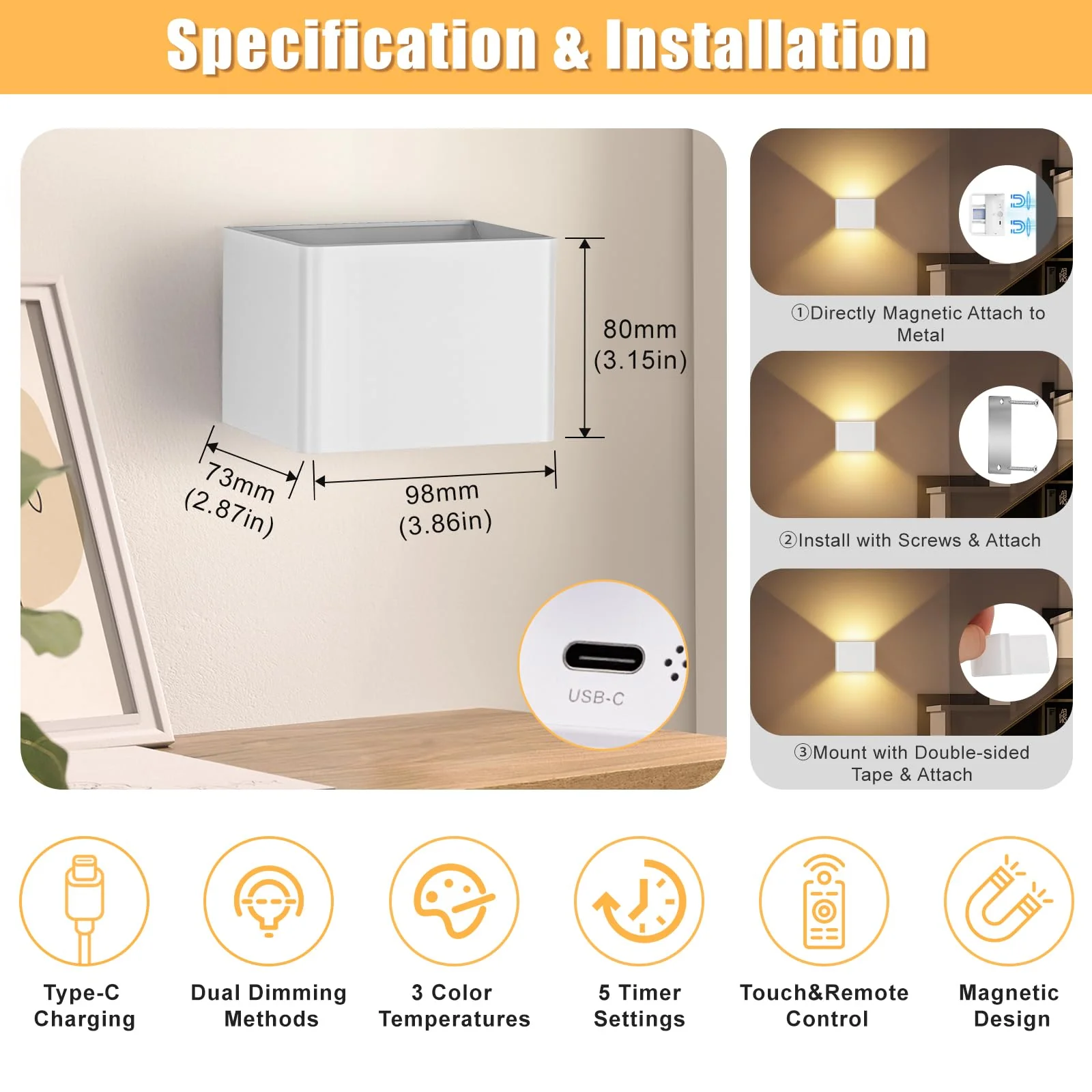 Yochoice Motion Sensor Wall Light Indoor Set of 2, 6000mAh Wireless Rechargeable Battery Operated LED Sconce Up Down with Touch Remote Control, Battery Powered Magnetic Wall Lamps with 3CCT, White 2-pack - Image 6