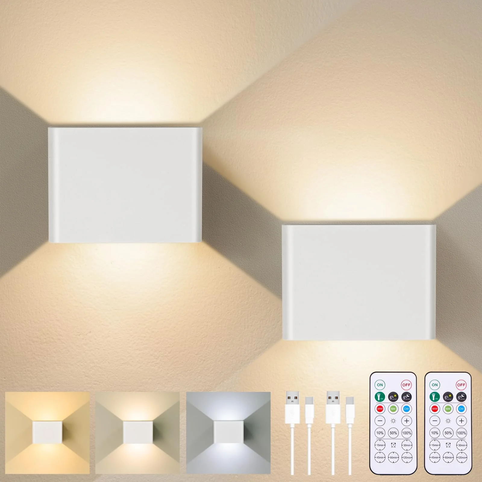 Yochoice Motion Sensor Wall Light Indoor Set of 2, 6000mAh Wireless Rechargeable Battery Operated LED Sconce Up Down with Touch Remote Control, Battery Powered Magnetic Wall Lamps with 3CCT, White 2-pack - Image 8