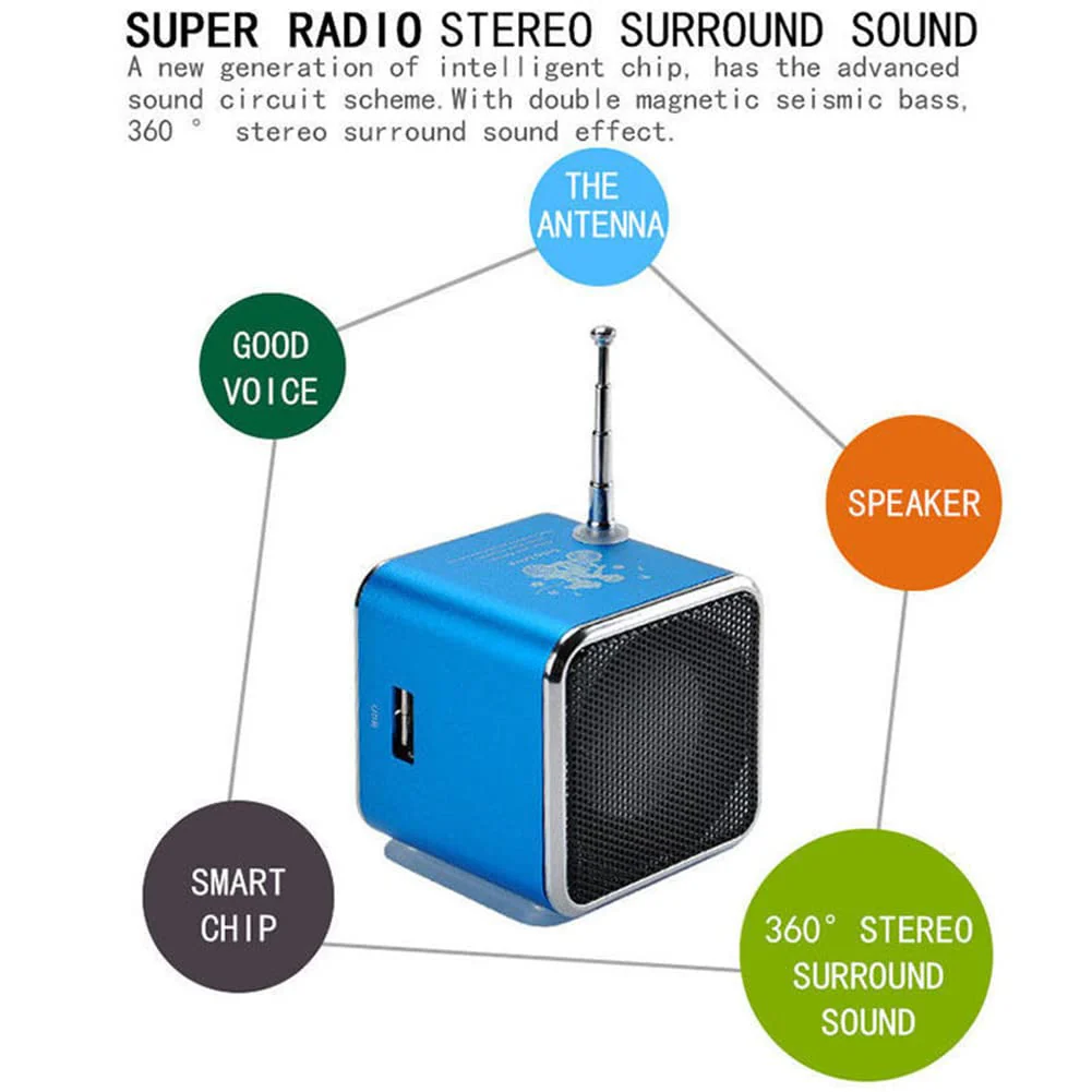 Yoidesu TD-V26 Portable Mini Speaker Music Player FM Radio Battery Powered Mini Digital Display Screen Speaker Music Player for Computer&Cell Phone Support TF Card and U Disk (Blue) - Image 5